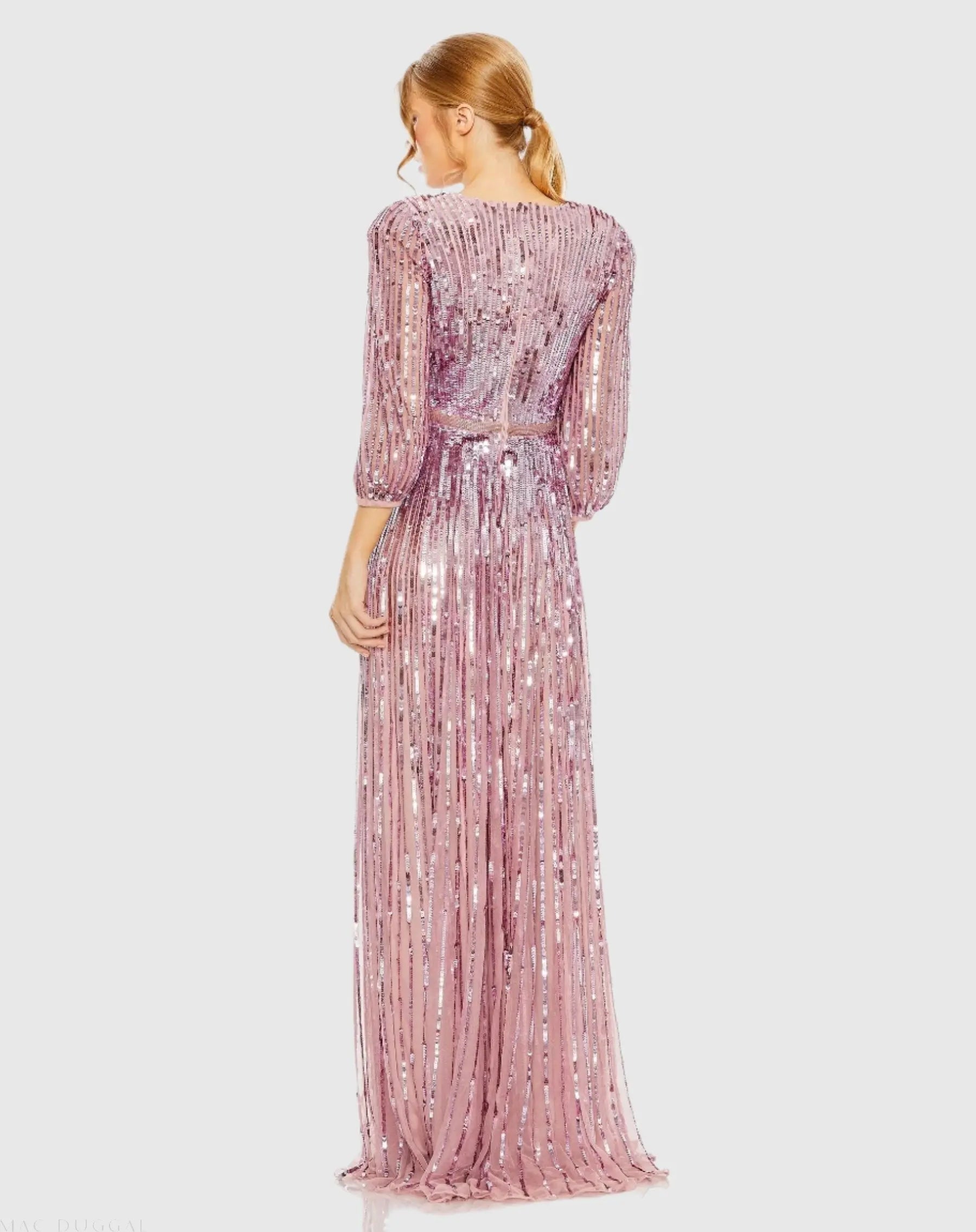 Purple Sequined Wrap Over 3/4 Sleeve Gown-Myartka