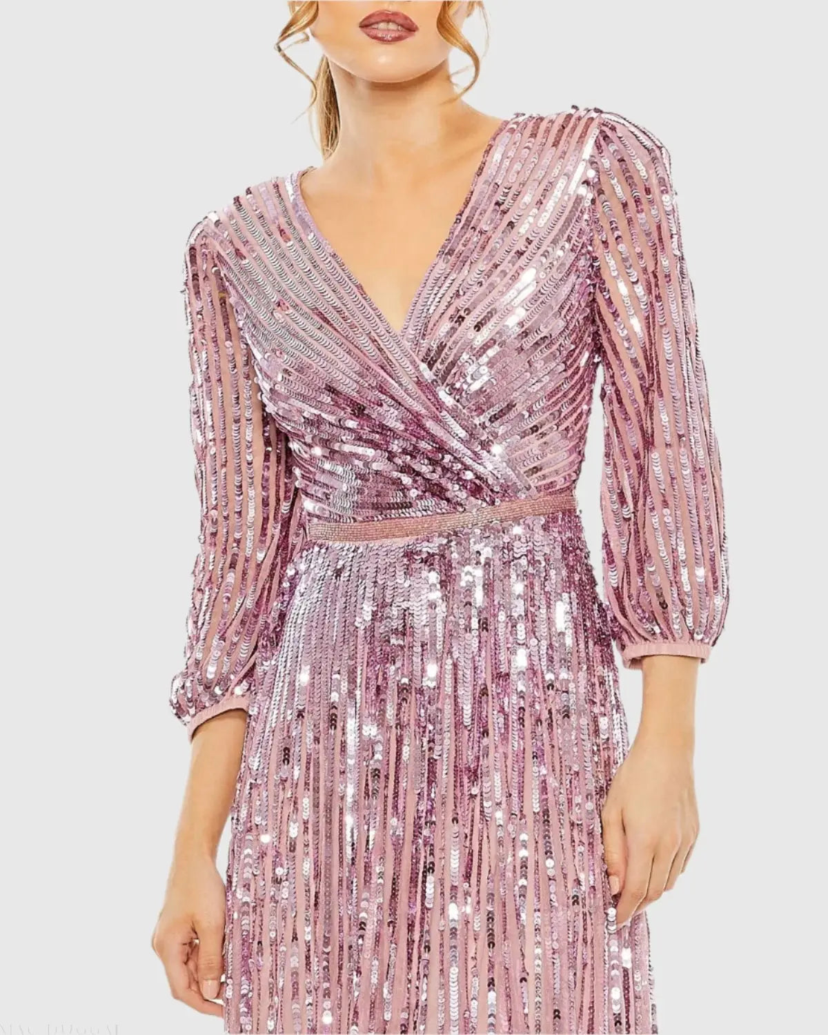 Purple Sequined Wrap Over 3/4 Sleeve Gown-Myartka