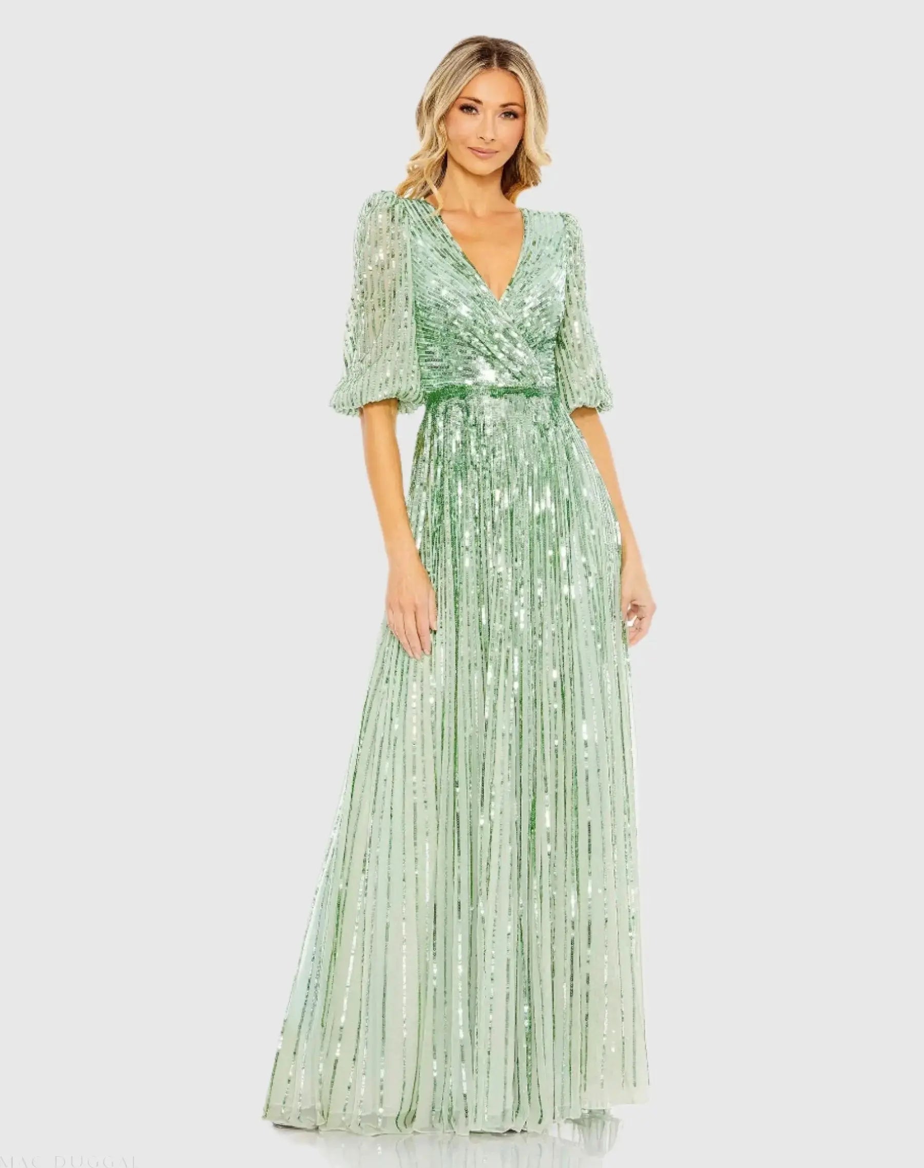 Green Sequined Wrap Over 3/4 Sleeve Gown-Myartka