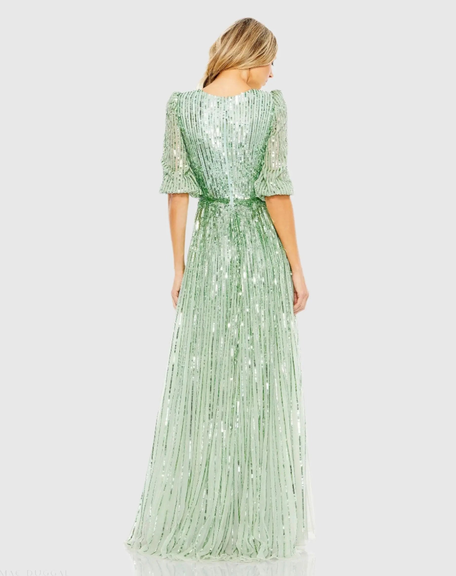 Green Sequined Wrap Over 3/4 Sleeve Gown-Myartka