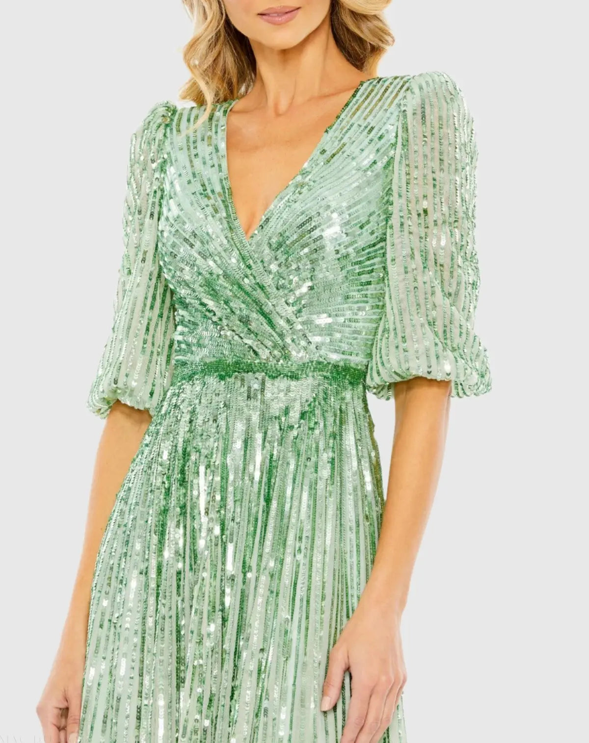 Green Sequined Wrap Over 3/4 Sleeve Gown-Myartka