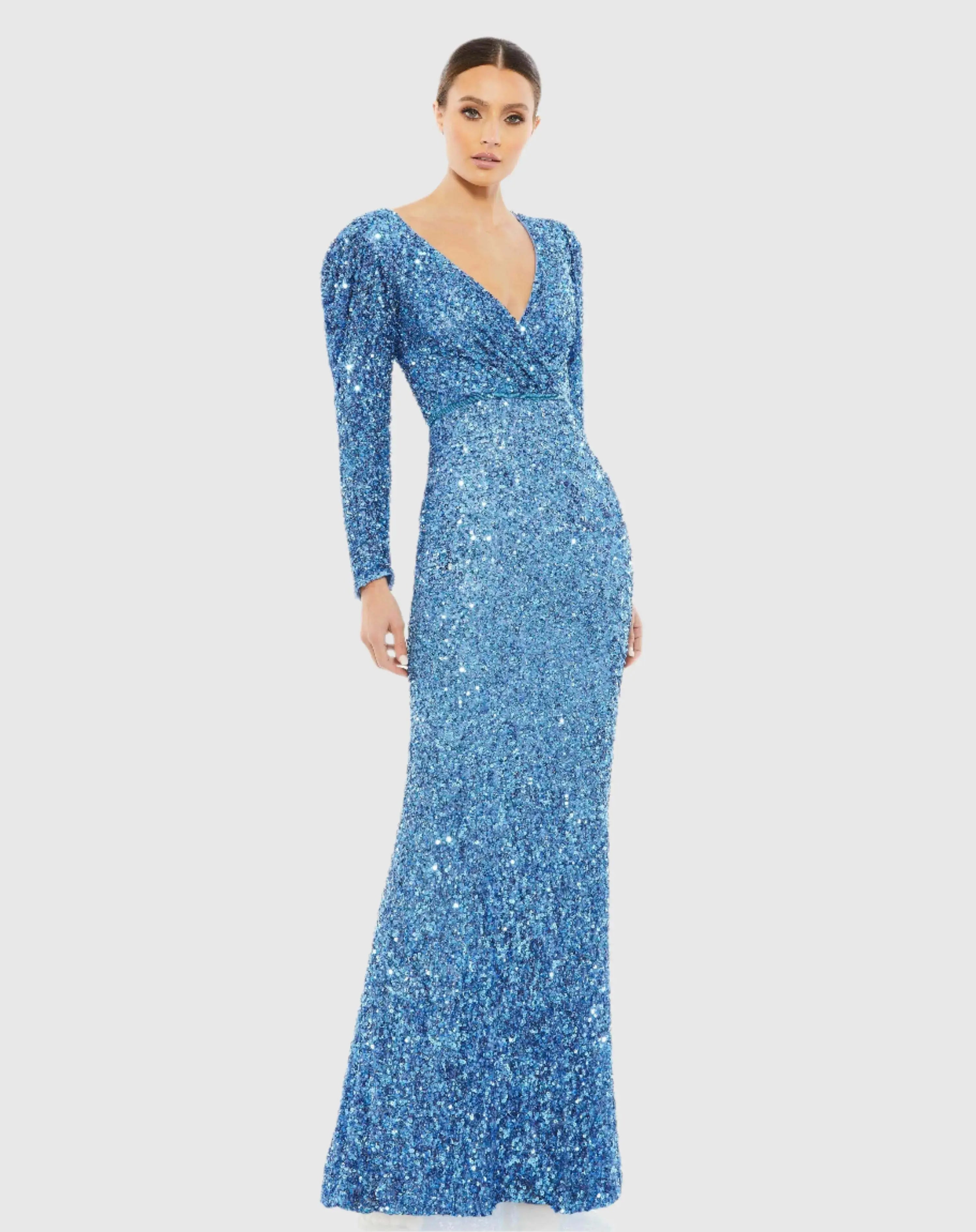 Blue Puff Shoulder Sequined Surplice Gown-Myartka