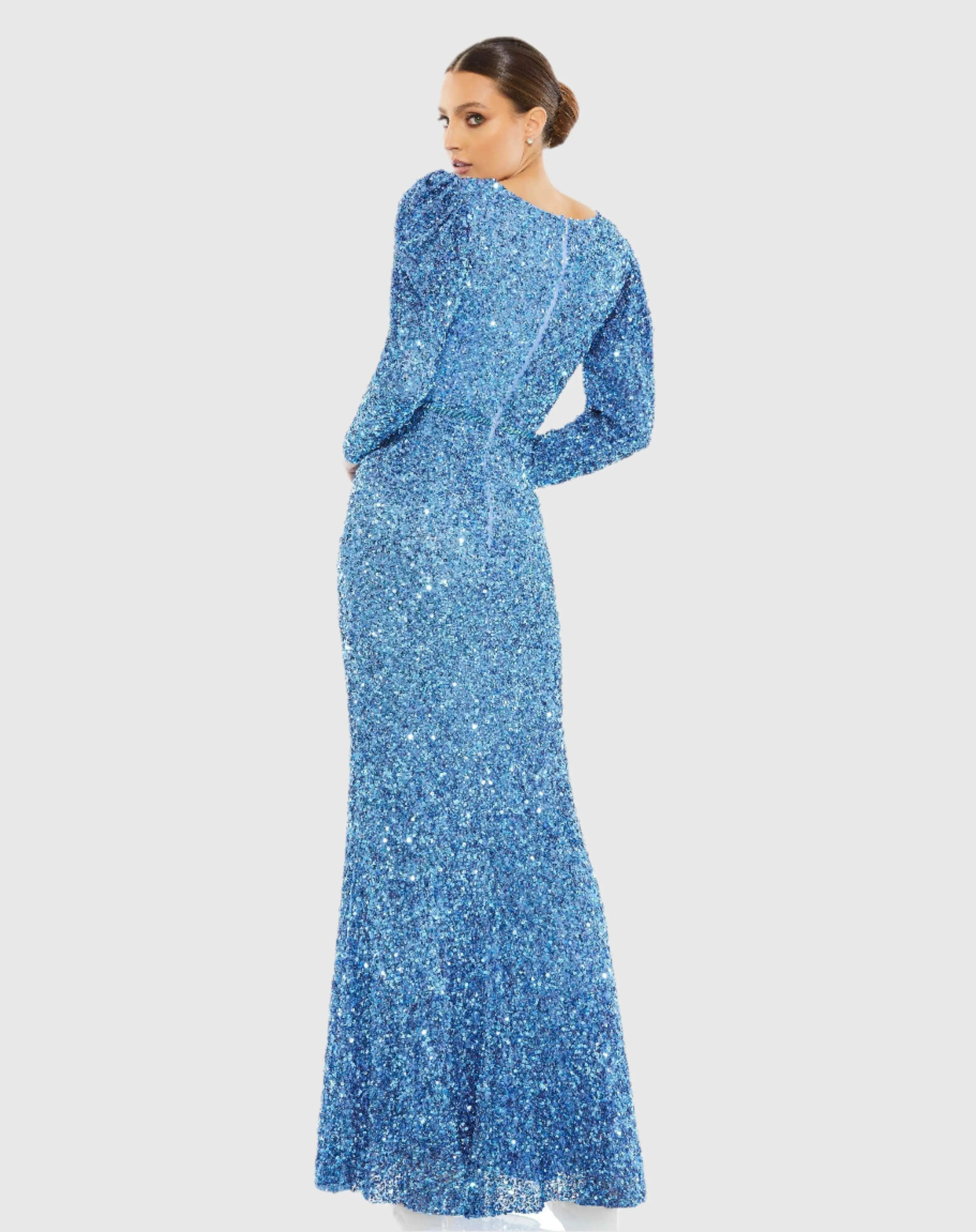 Blue Puff Shoulder Sequined Surplice Gown-Myartka