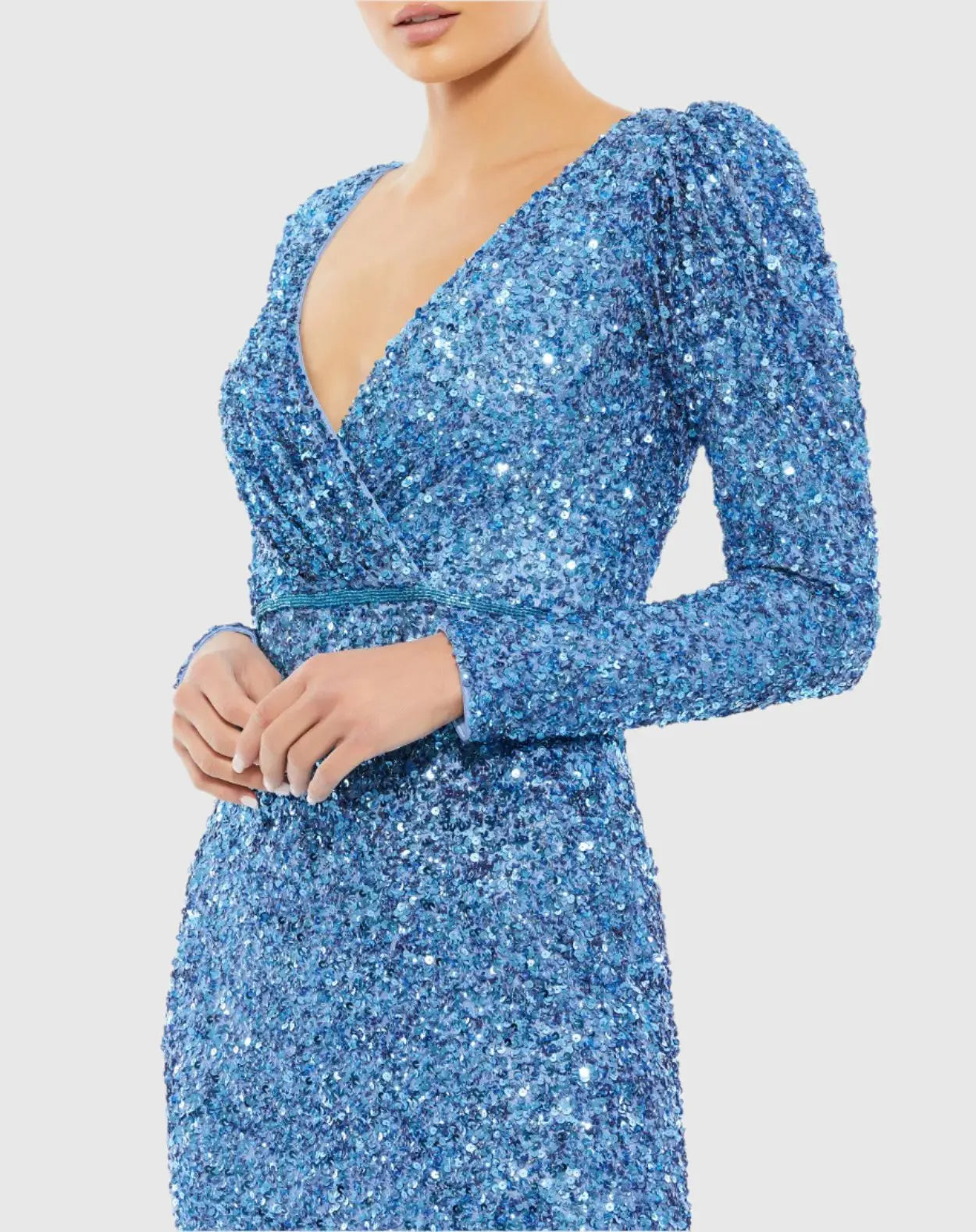 Blue Puff Shoulder Sequined Surplice Gown-Myartka