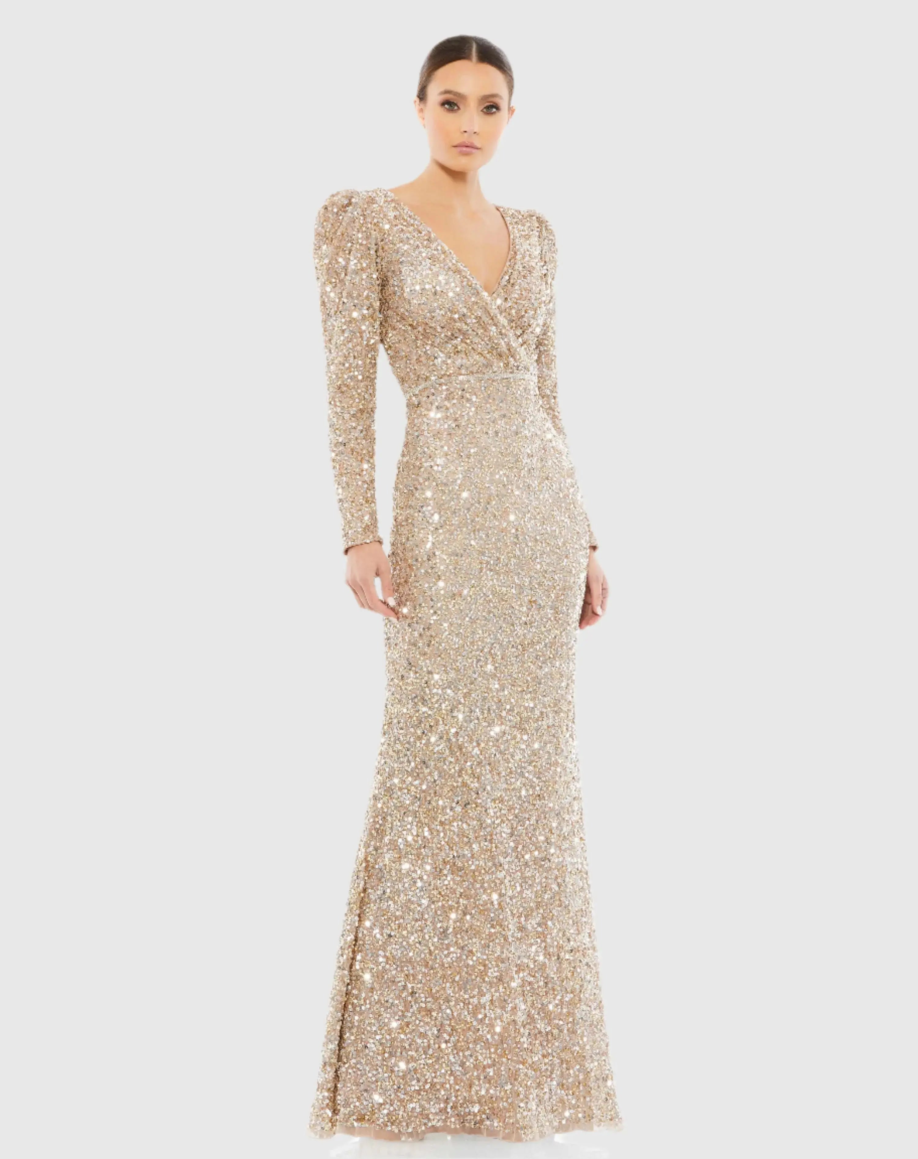Puff Shoulder Sequined Surplice Gown-Myartka