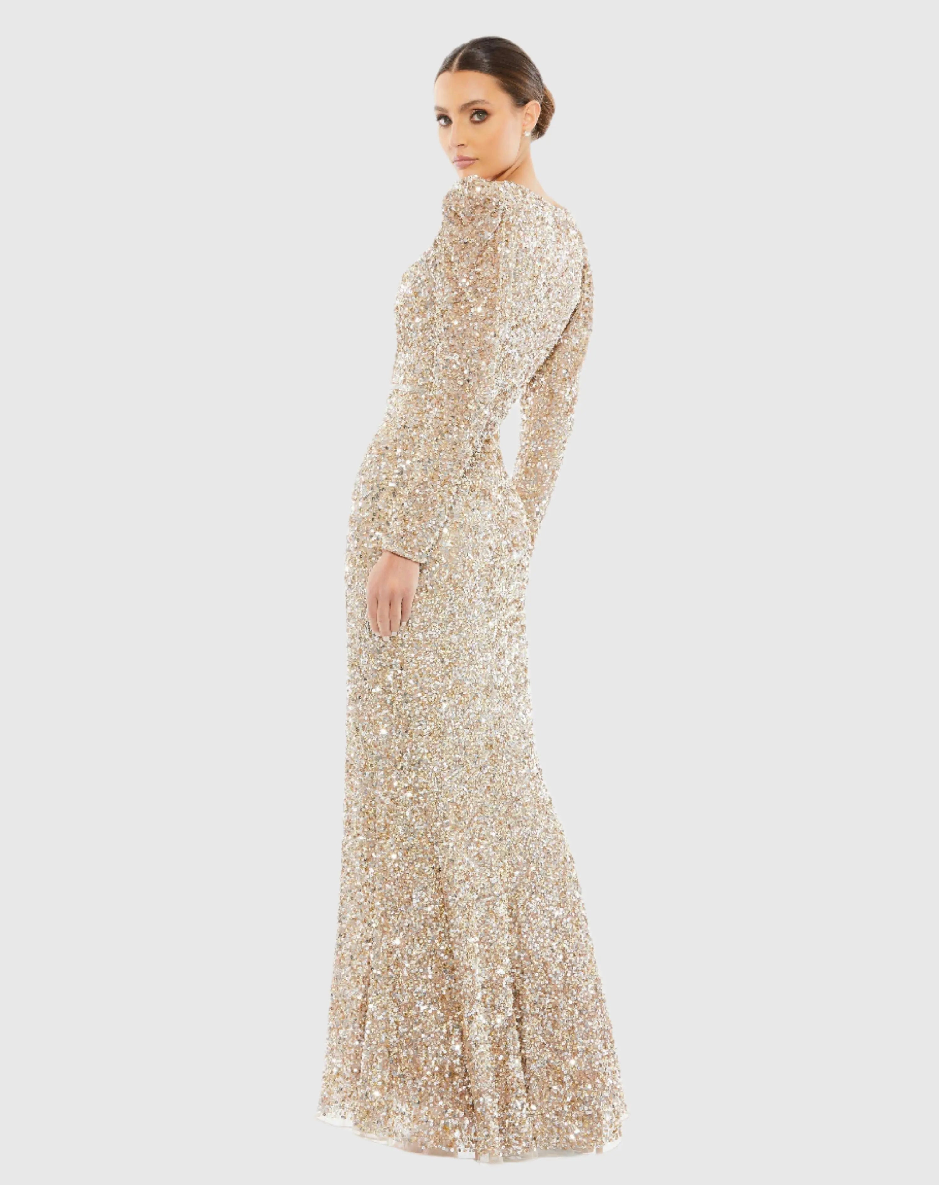Gold Puff Shoulder Sequined Surplice Gown-Myartka