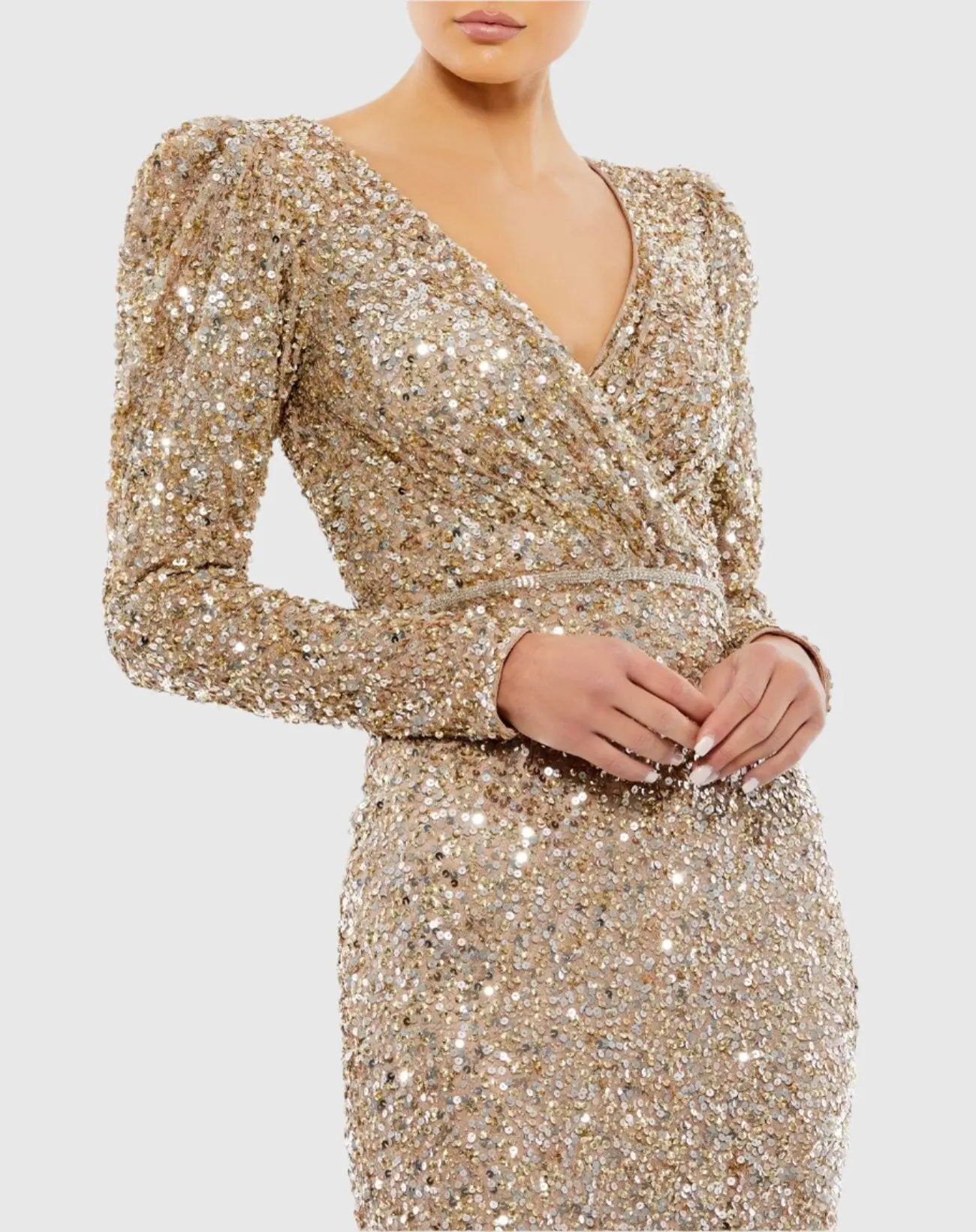Gold Puff Shoulder Sequined Surplice Gown-Myartka