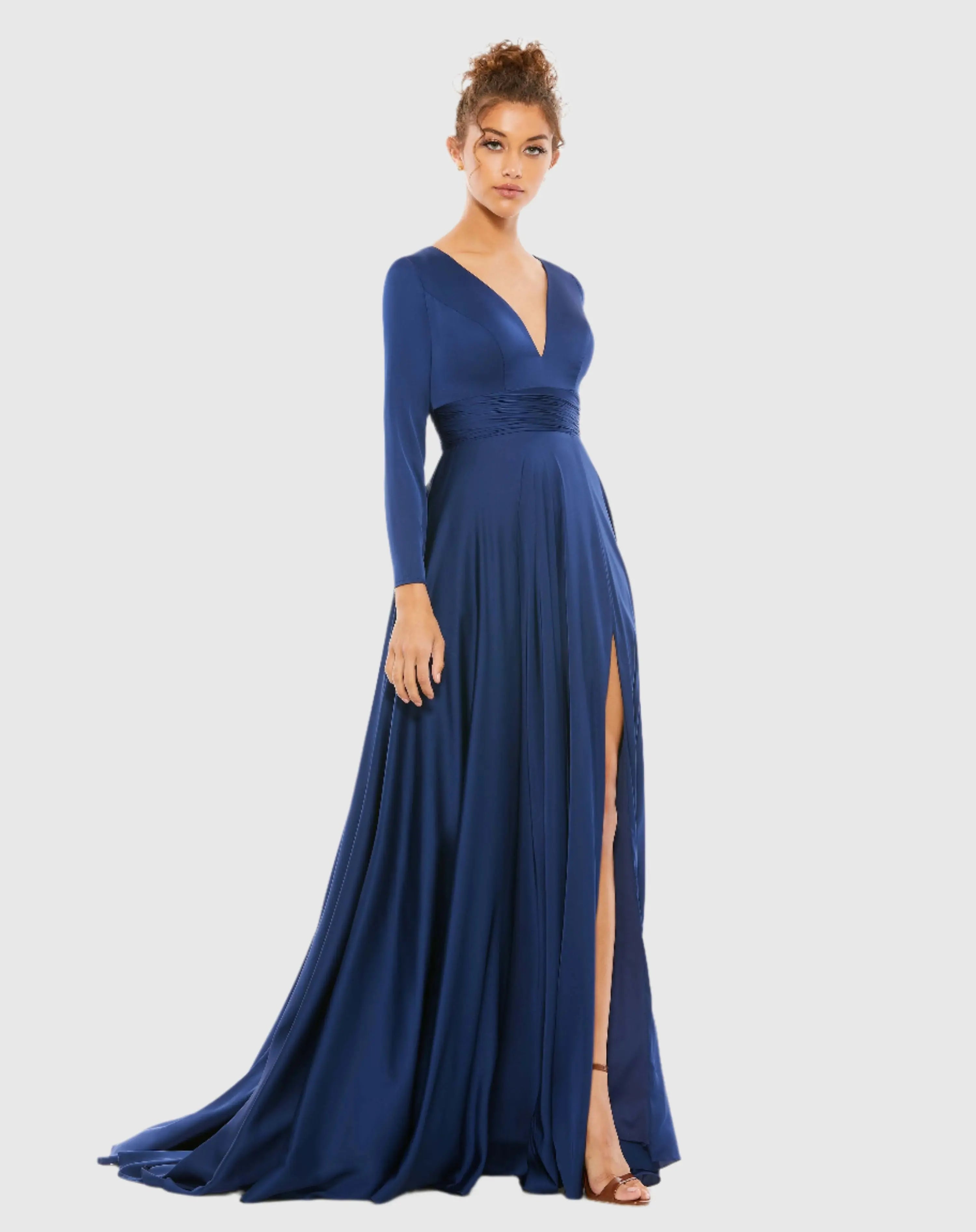 Navy Long Sleeve Ruched Waist A-Line Gown-Myartka