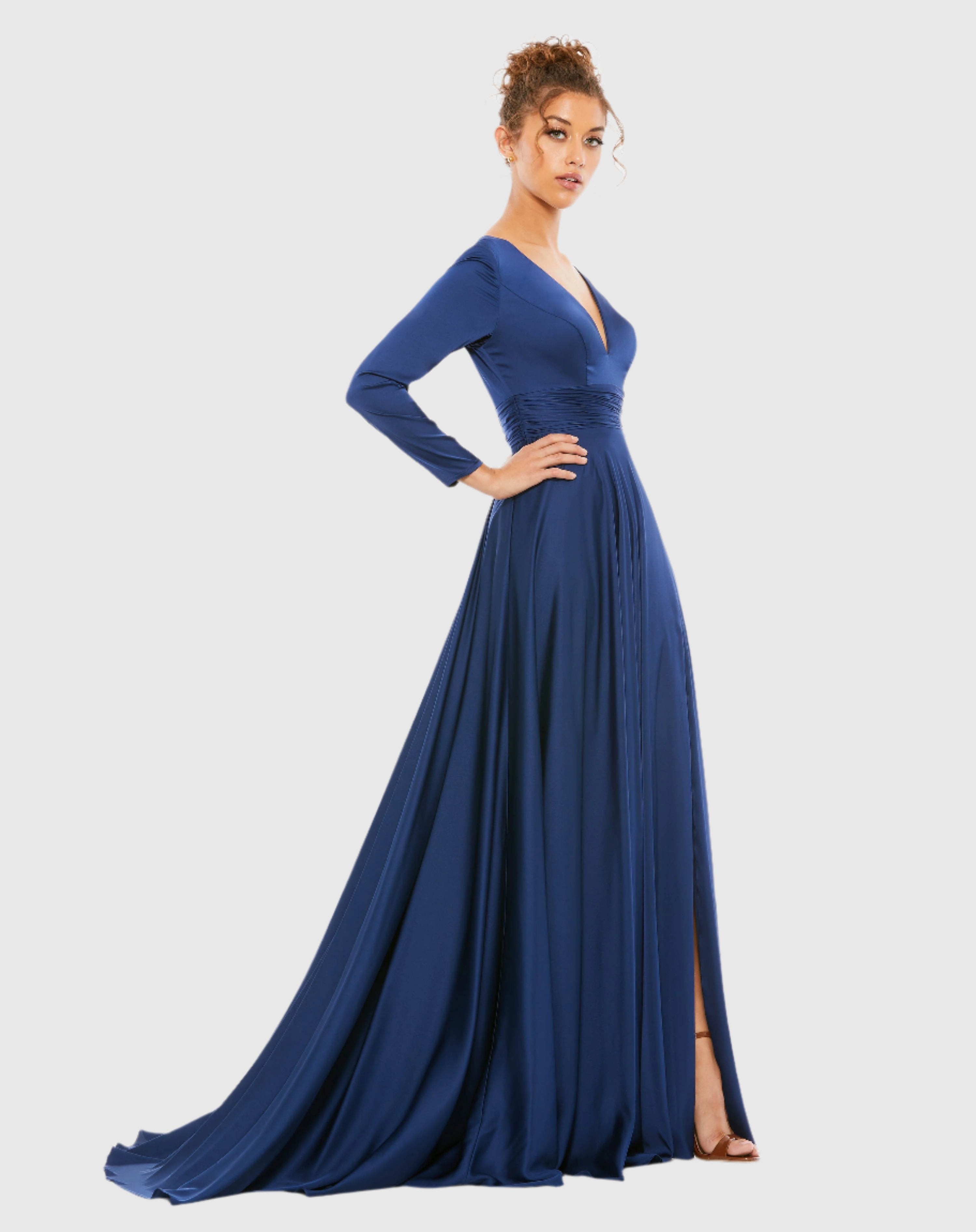 Navy Long Sleeve Ruched Waist A-Line Gown-Myartka