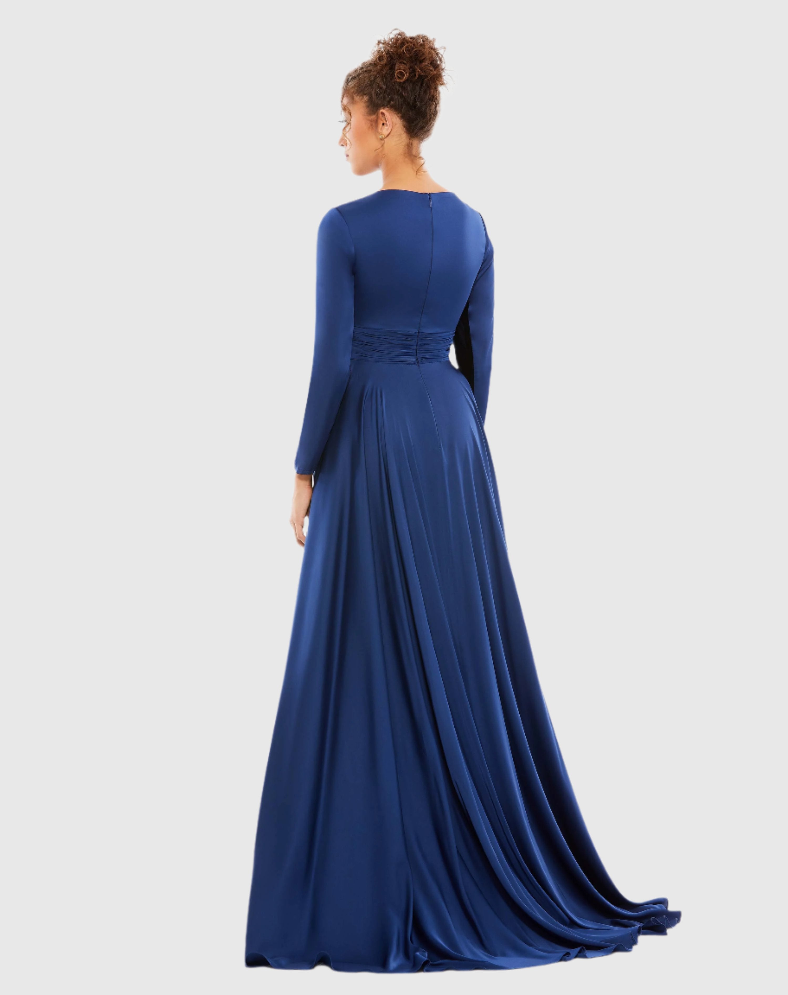 Navy Long Sleeve Ruched Waist A-Line Gown-Myartka