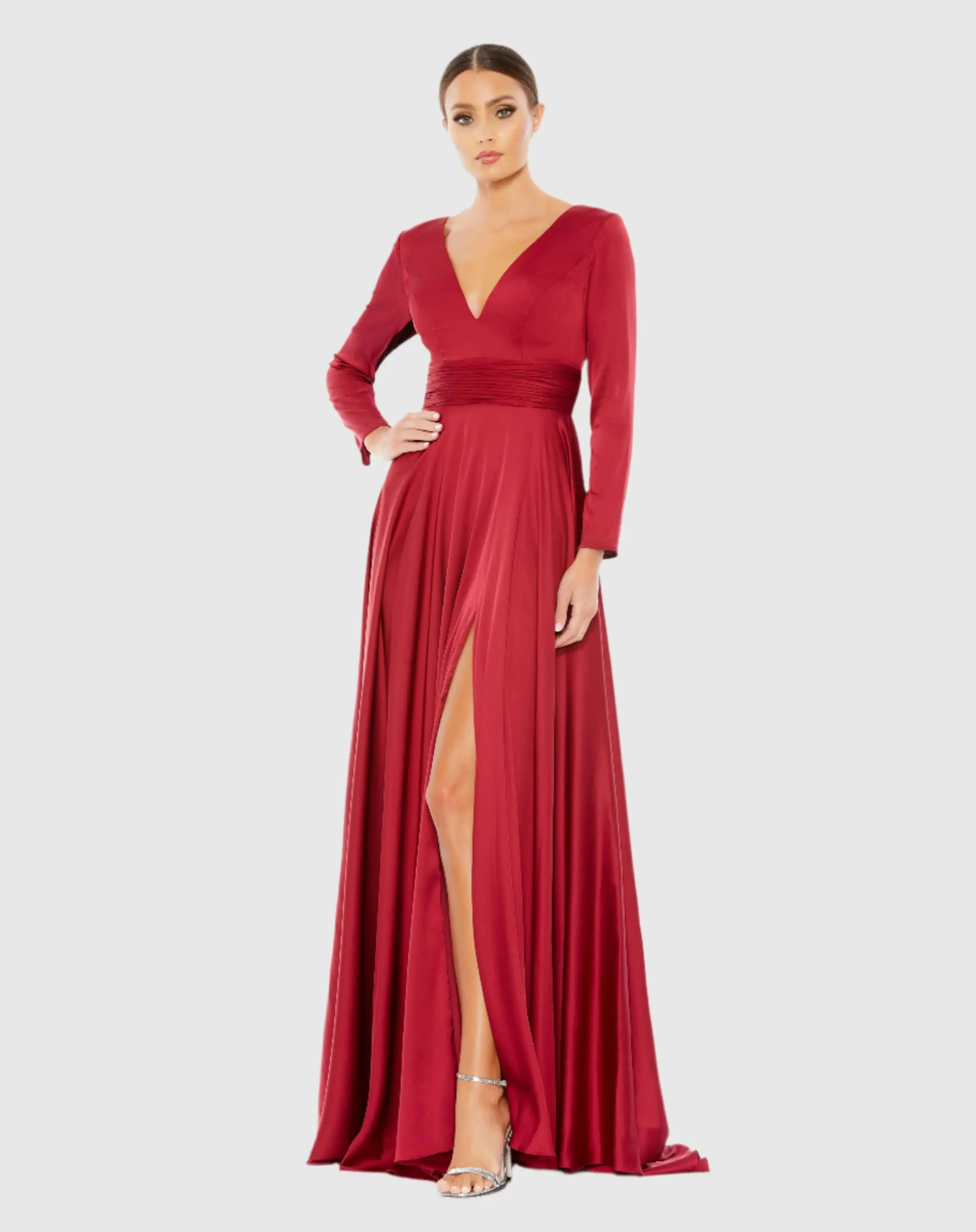 Long Sleeve Ruched Waist A-Line Gown-Myartka