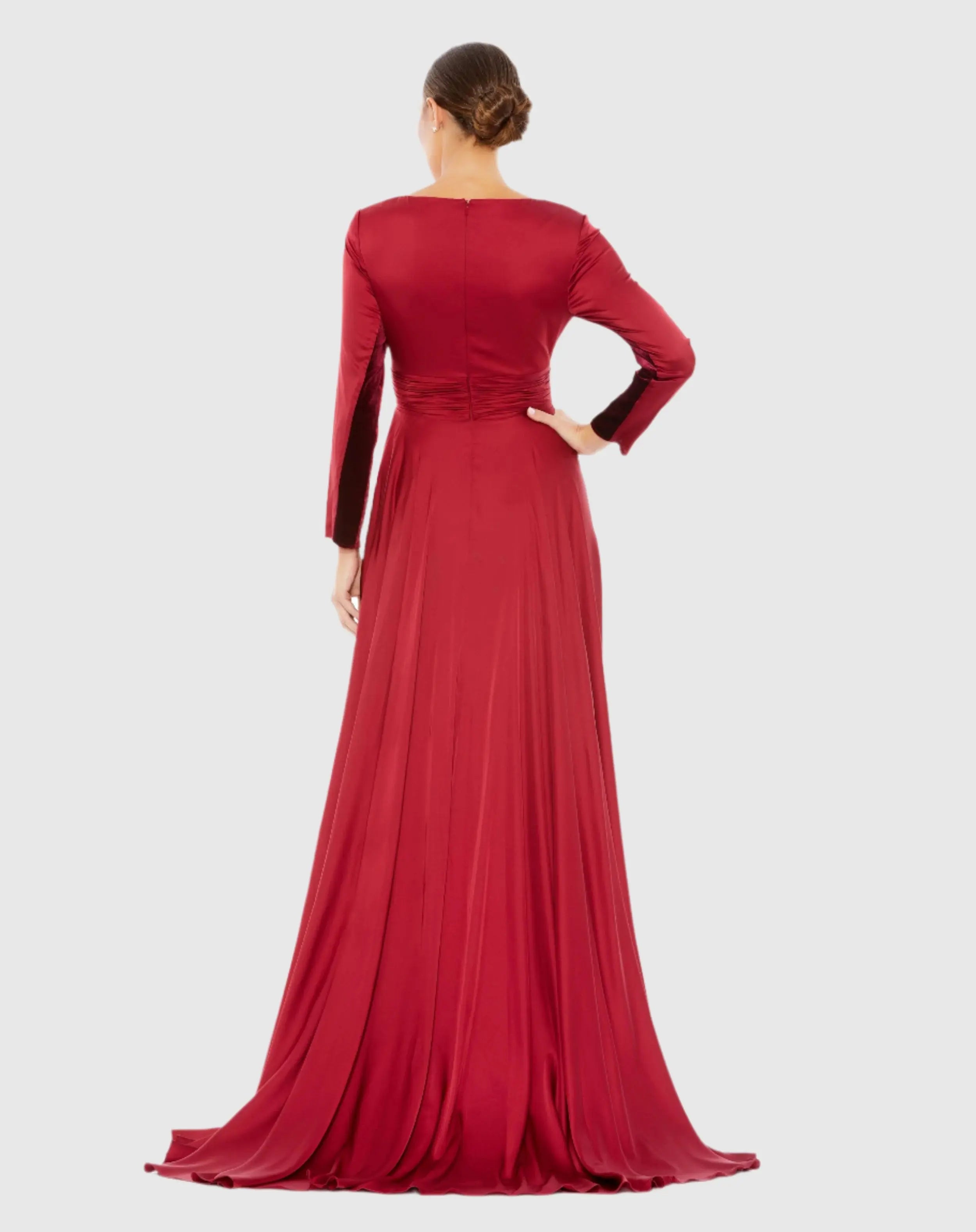 Red Long Sleeve Ruched Waist A-Line Gown-Myartka