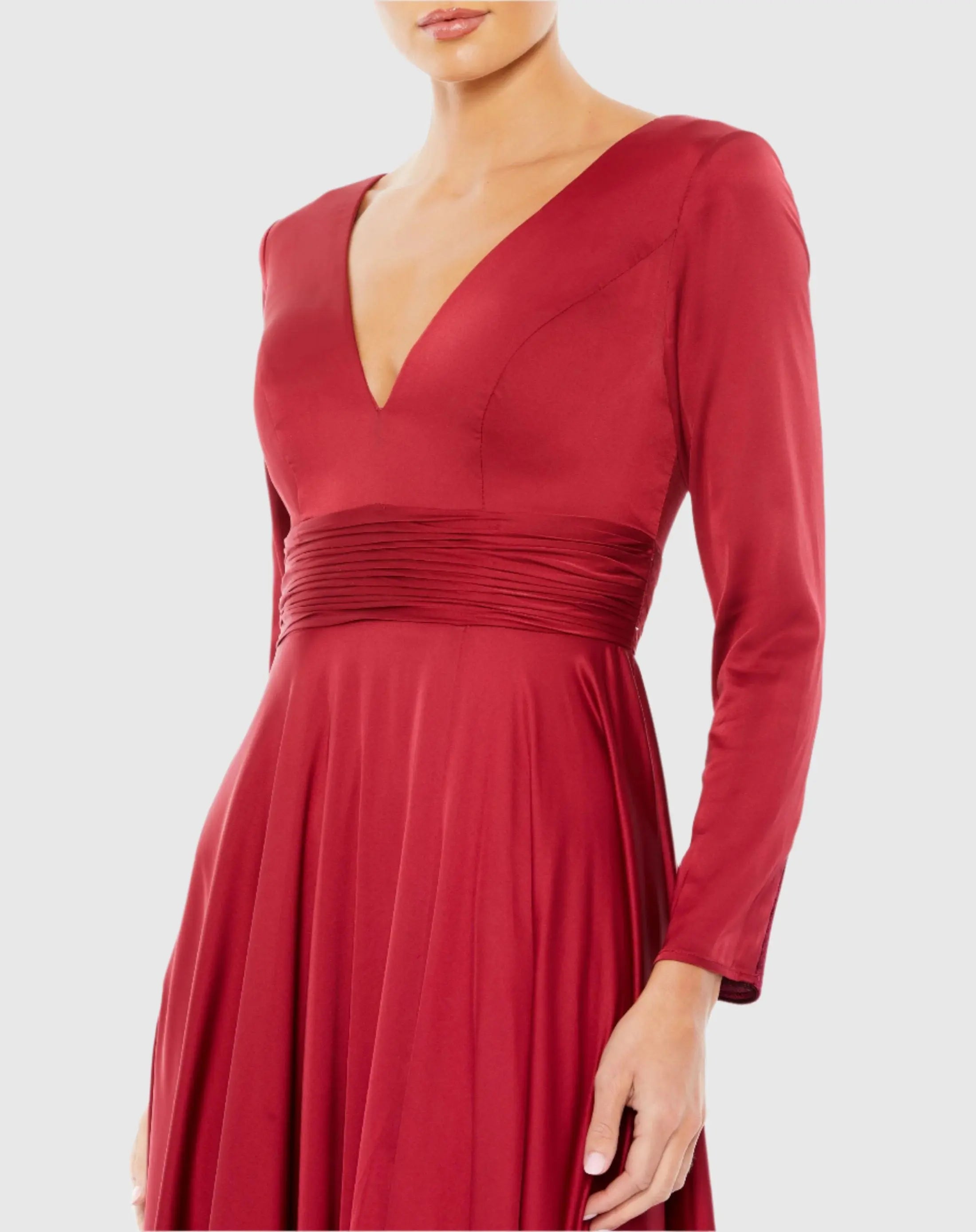 Red Long Sleeve Ruched Waist A-Line Gown-Myartka