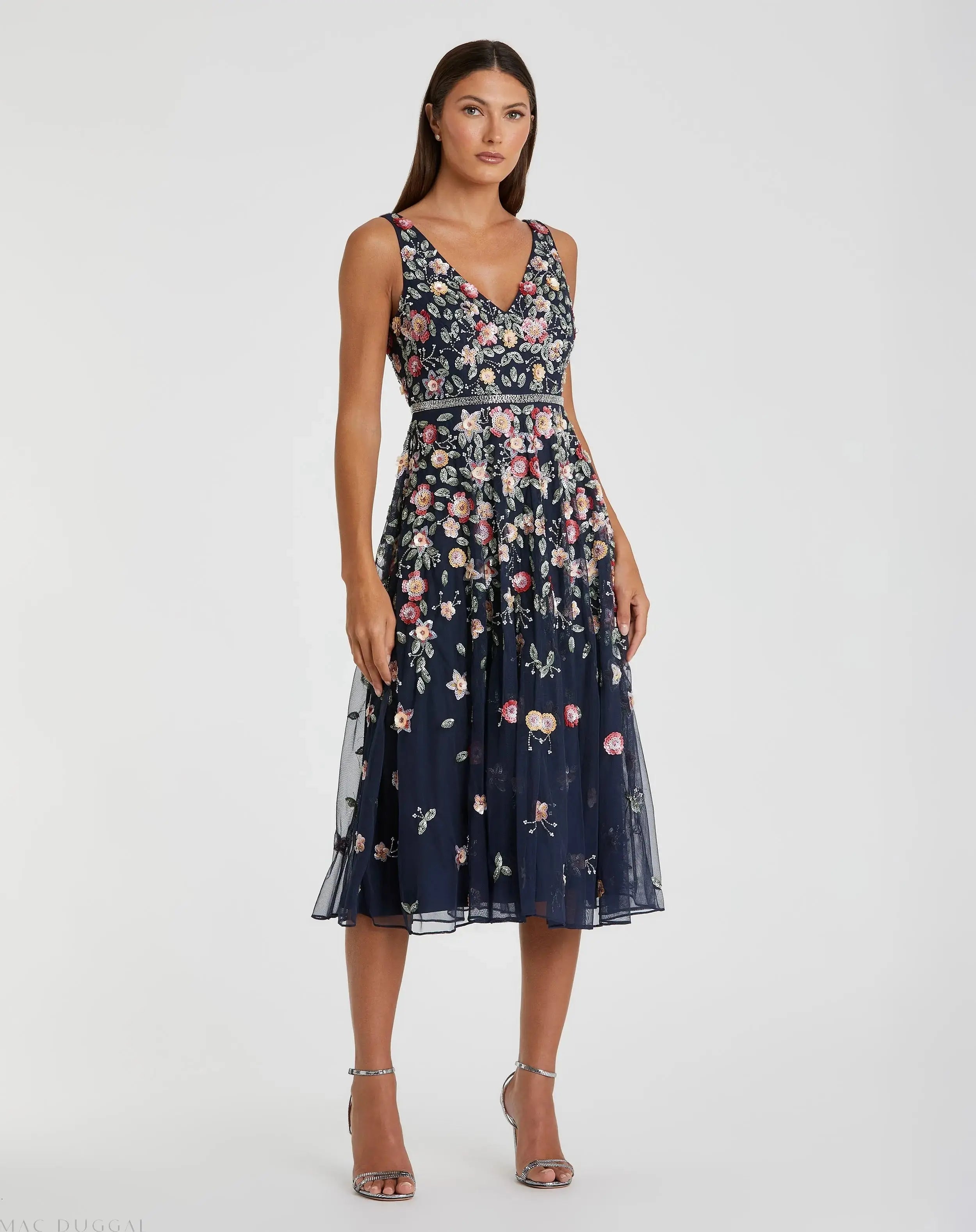 V-Neck Sleeveless Midi Floral Beaded A-line Dress-Myartka