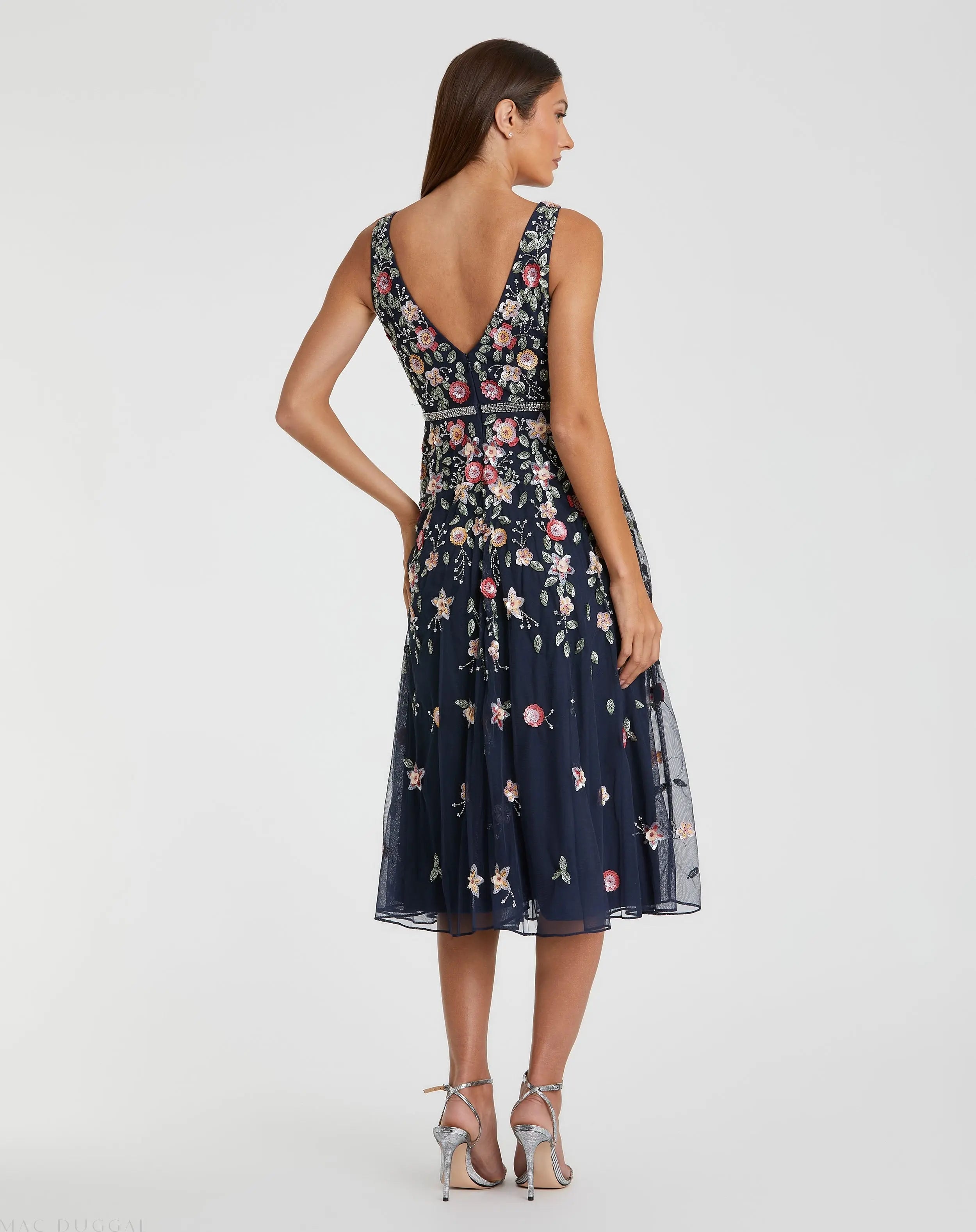 Navy V-Neck Sleeveless Midi Floral Beaded A-line Dress-Myartka
