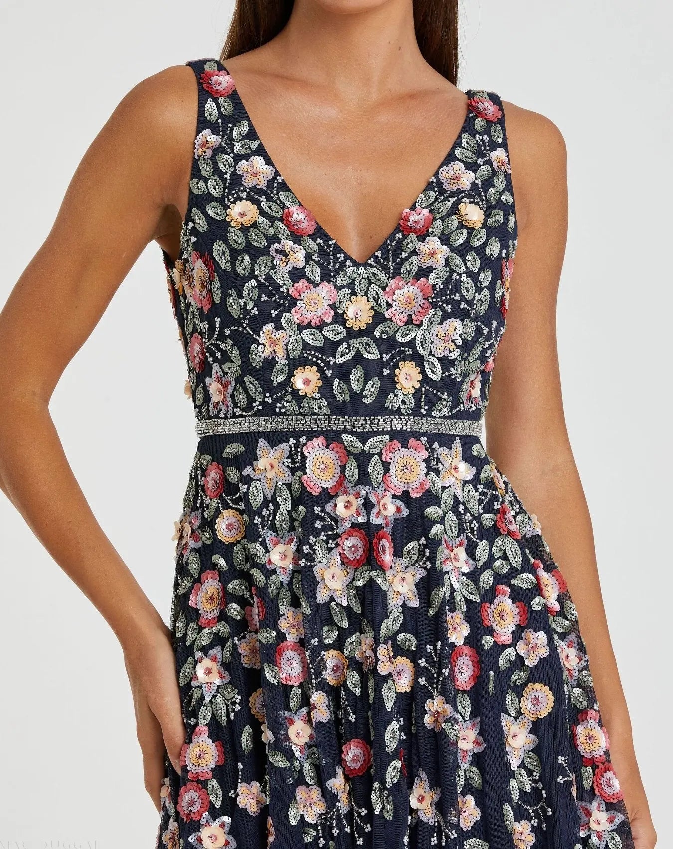 Navy V-Neck Sleeveless Midi Floral Beaded A-line Dress-Myartka