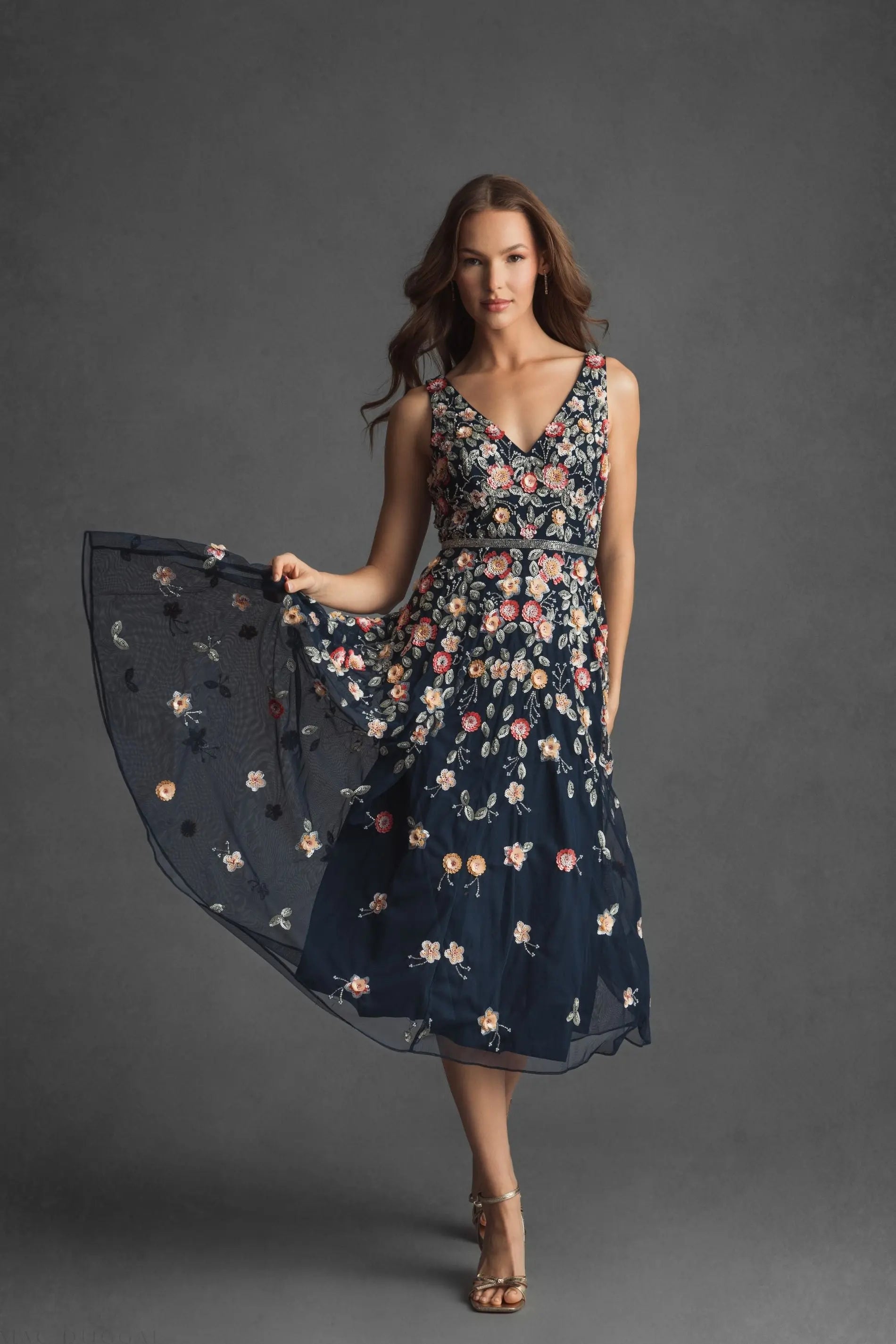 Navy V-Neck Sleeveless Midi Floral Beaded A-line Dress-Myartka