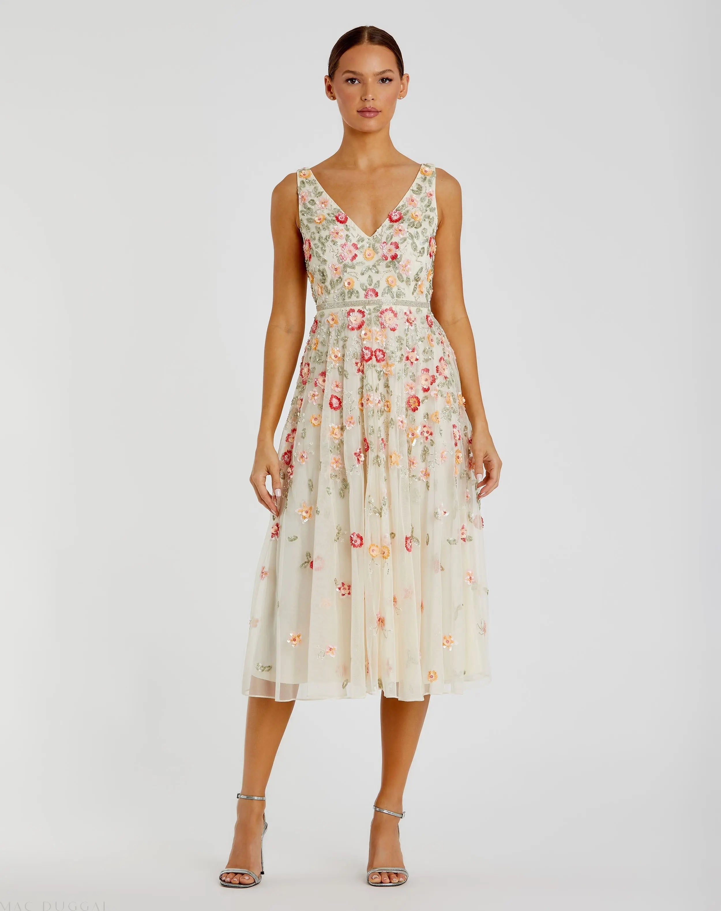White V-Neck Sleeveless Midi Floral Beaded A-line Dress-Myartka
