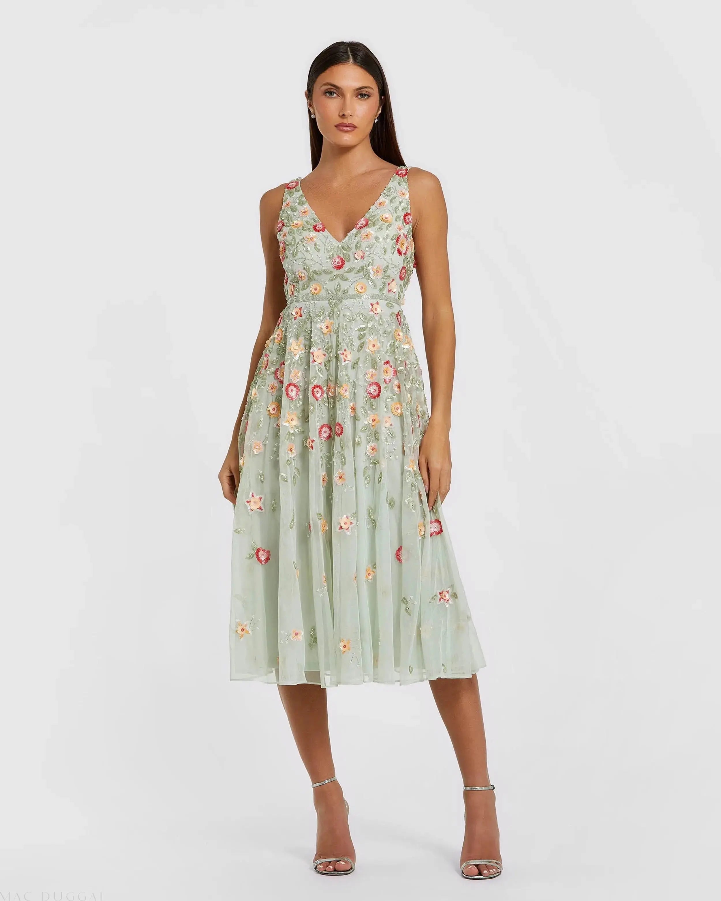 Green V-Neck Sleeveless Midi Floral Beaded A-line Dress-Myartka
