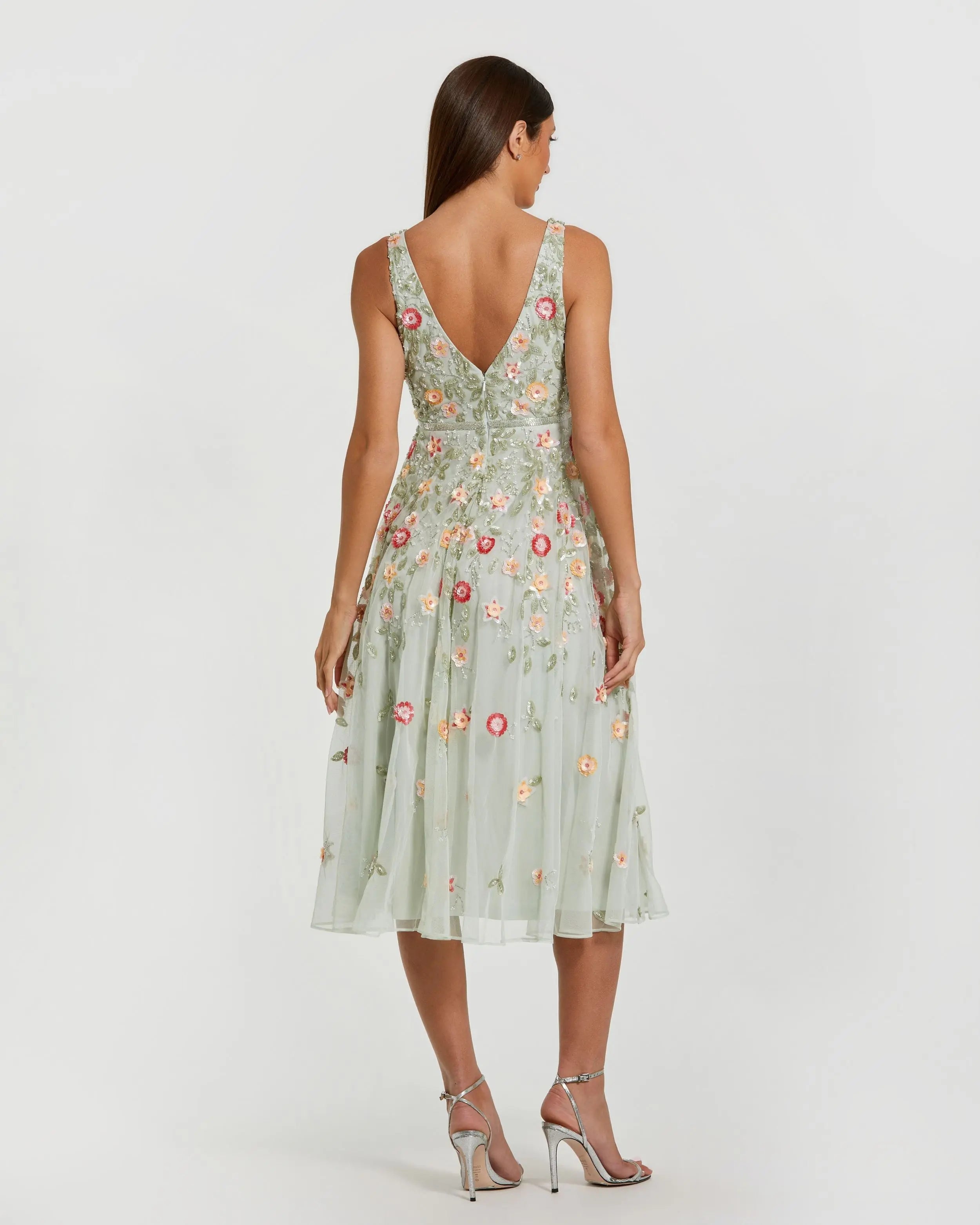 Green V-Neck Sleeveless Midi Floral Beaded A-line Dress-Myartka