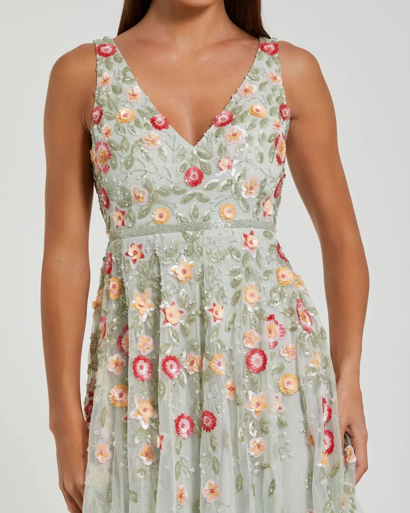 Green V-Neck Sleeveless Midi Floral Beaded A-line Dress-Myartka