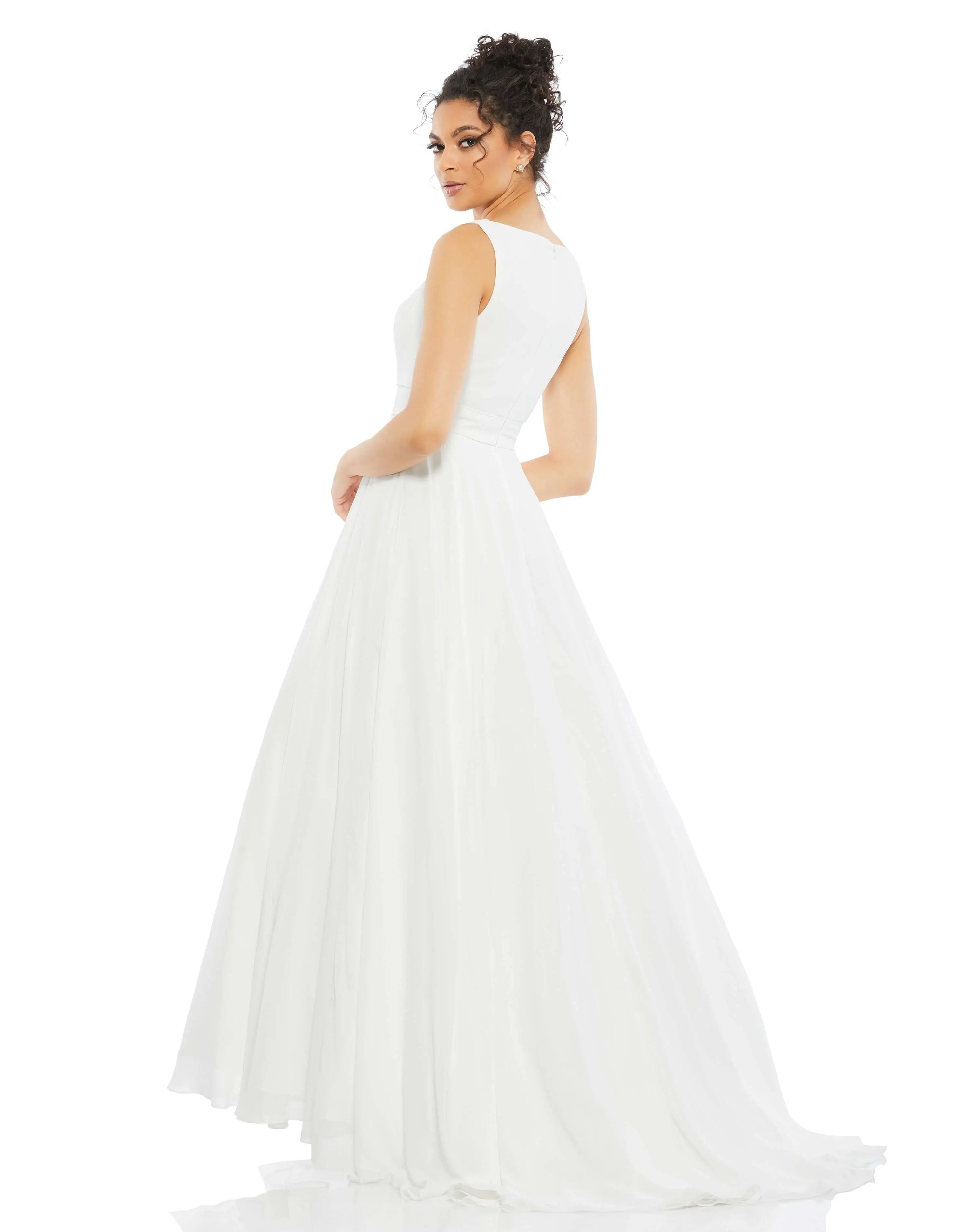 White Sleeveless V Neck Chiffon Ball Gown-Myartka