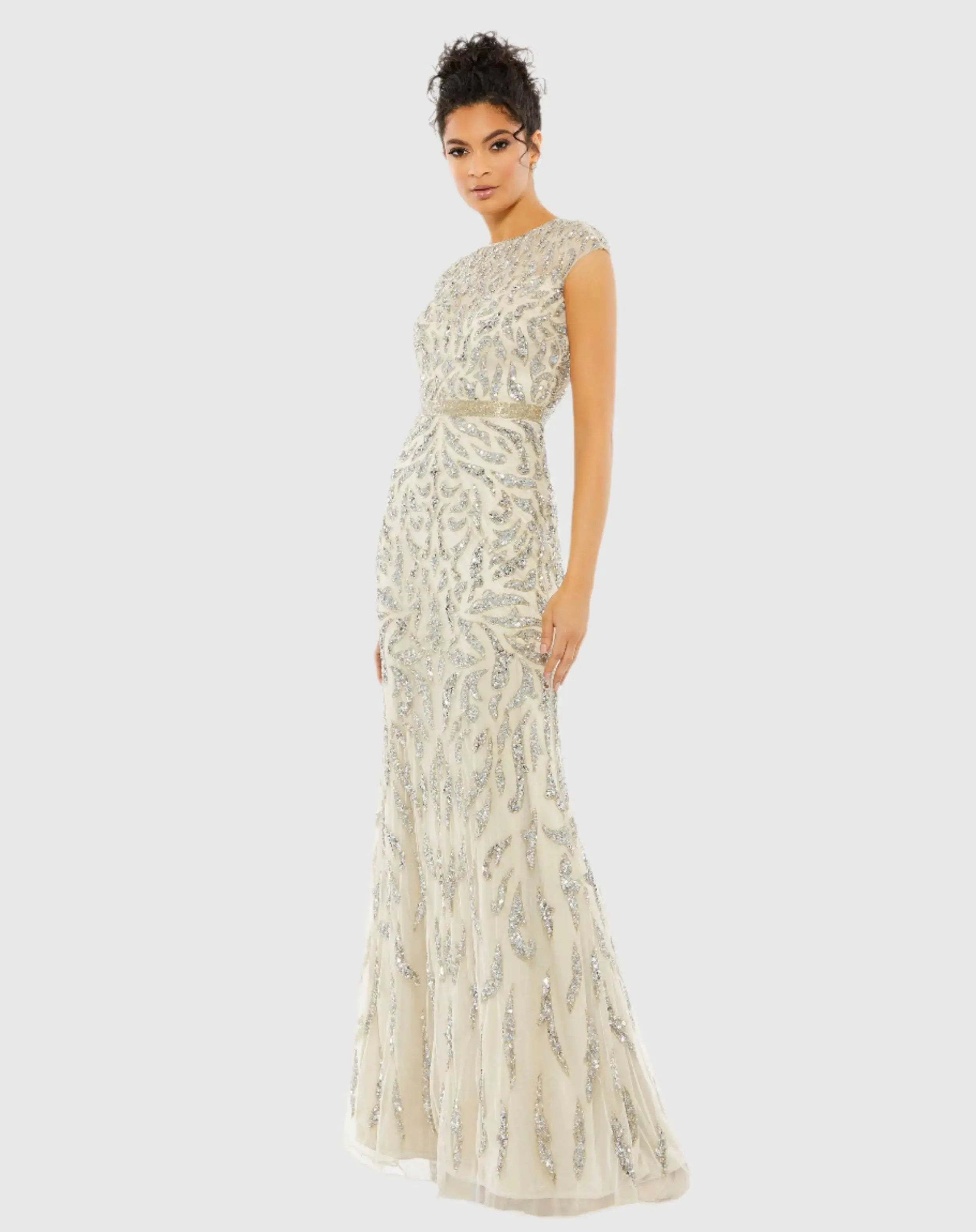 White and Silver Embellished High Neck Cap Sleeve Gown-Myartka
