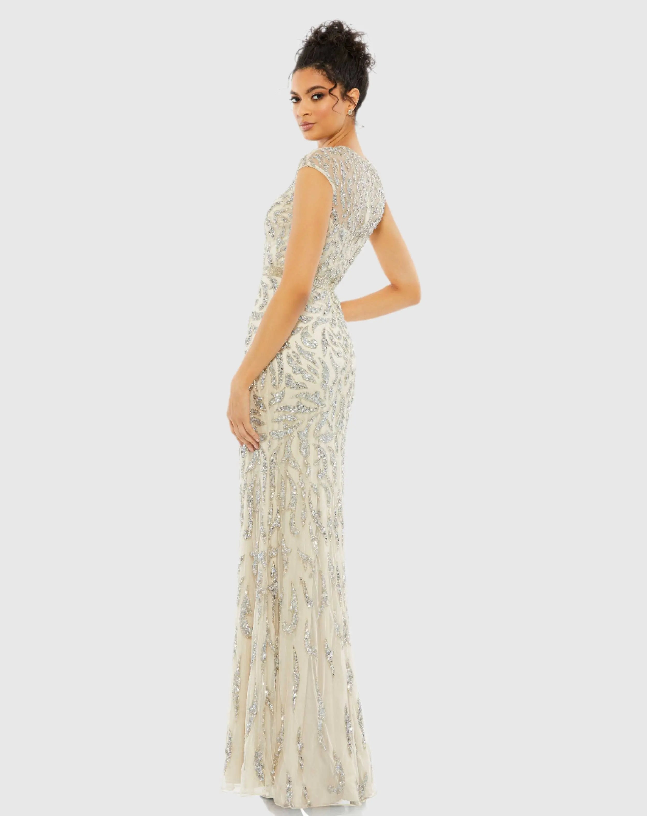 White and Silver Embellished High Neck Cap Sleeve Gown-Myartka
