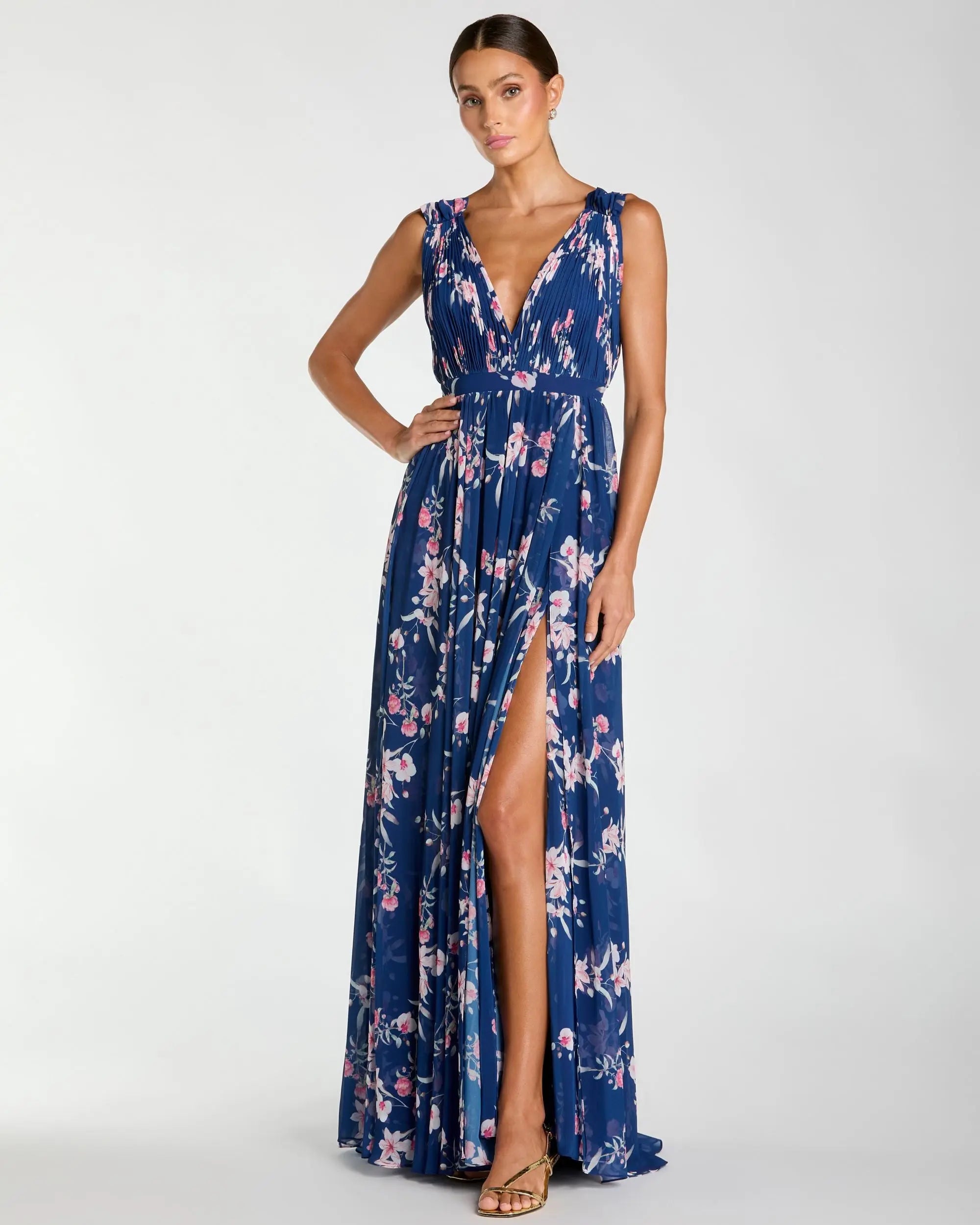 Dark Blue Sleeveless Pleated Floral Print Chiffon V-Neck Gown-Myartka