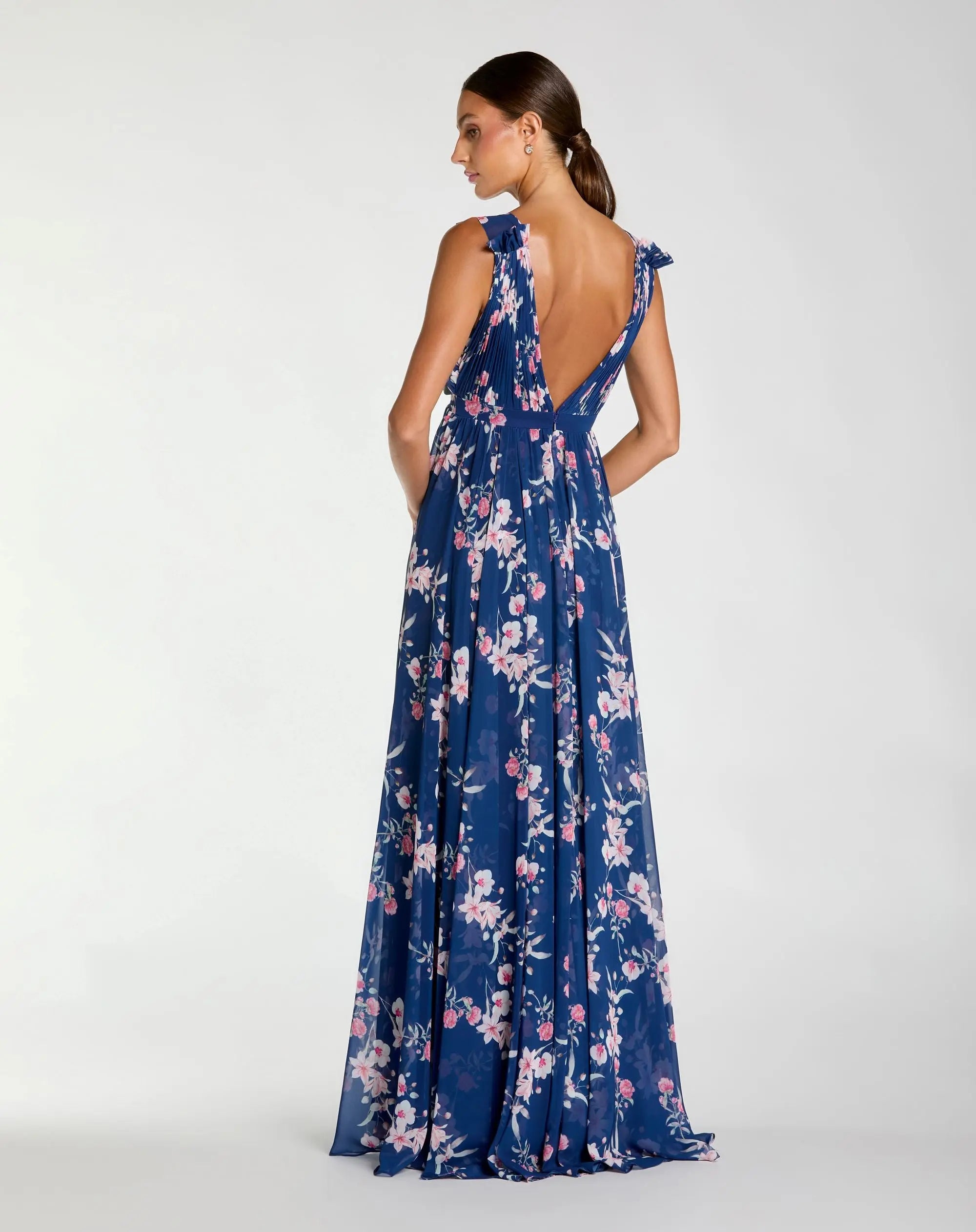 Dark Blue Sleeveless Pleated Floral Print Chiffon V-Neck Gown-Myartka