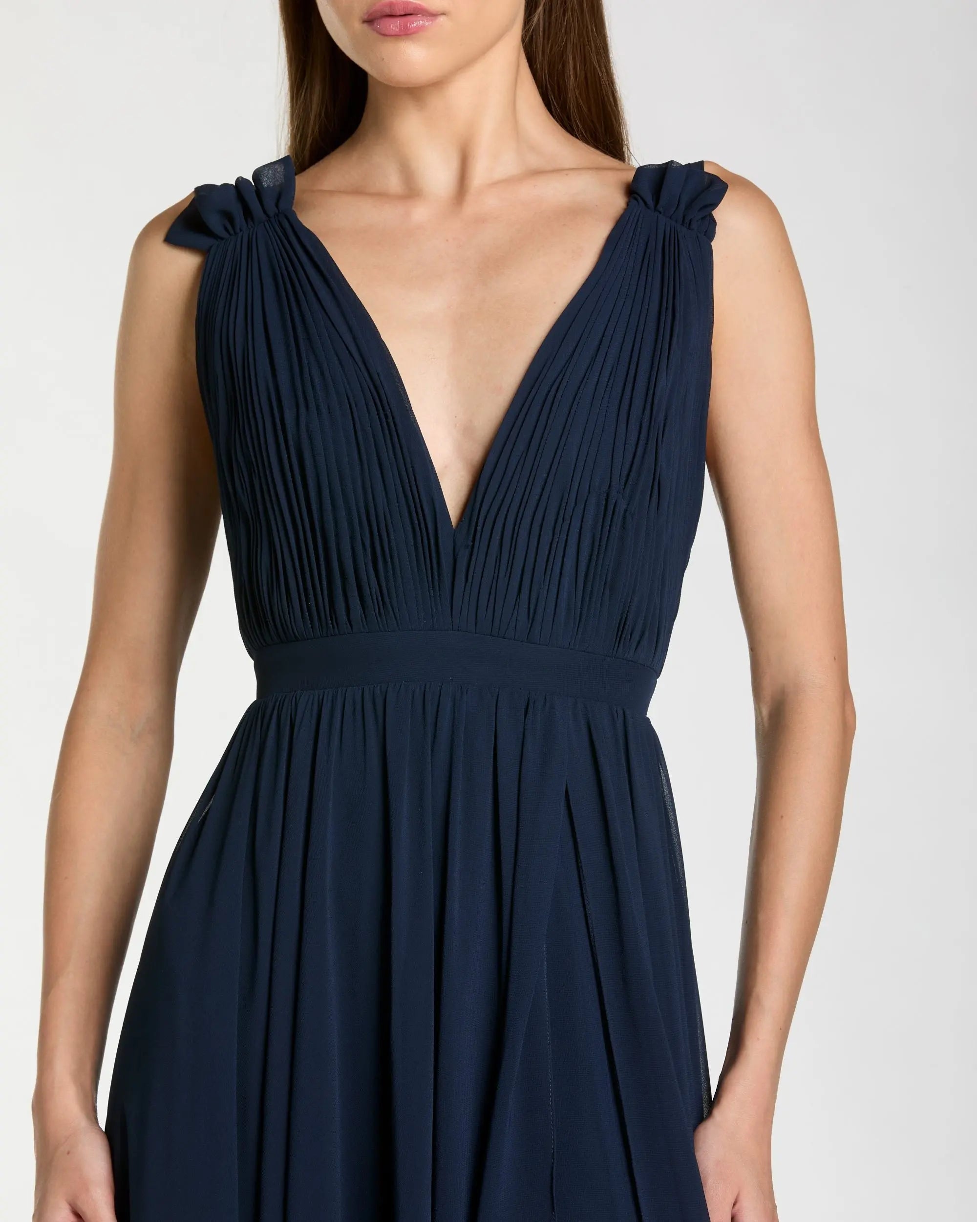 Navy Sleeveless Pleated Chiffon V-Neck Gown-Myartka
