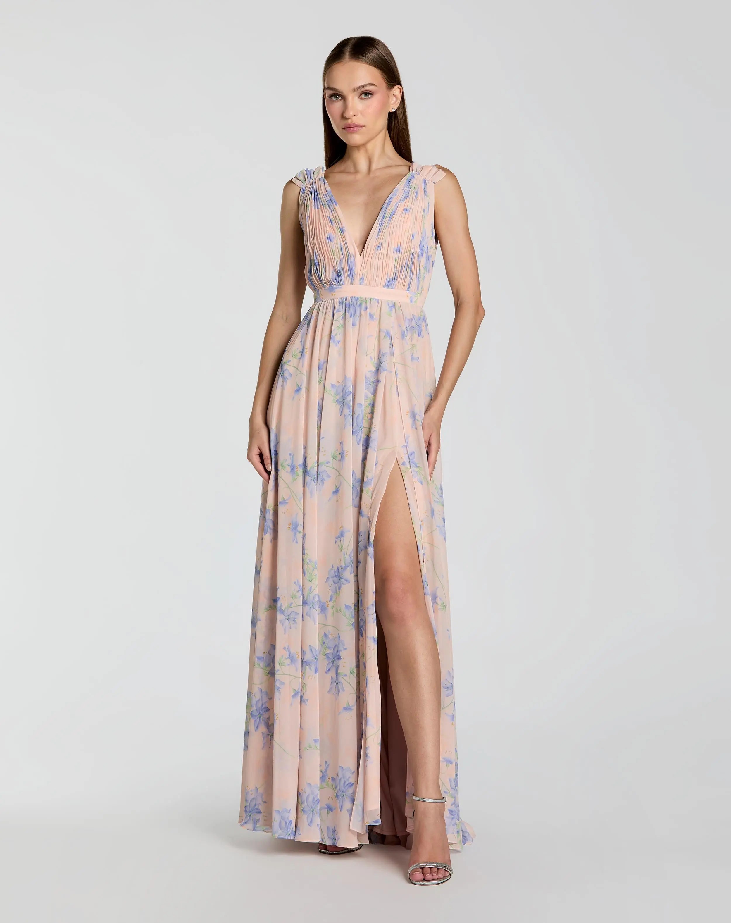 Pink Sleeveless Pleated Floral Print Chiffon V-Neck Gown-Myartka