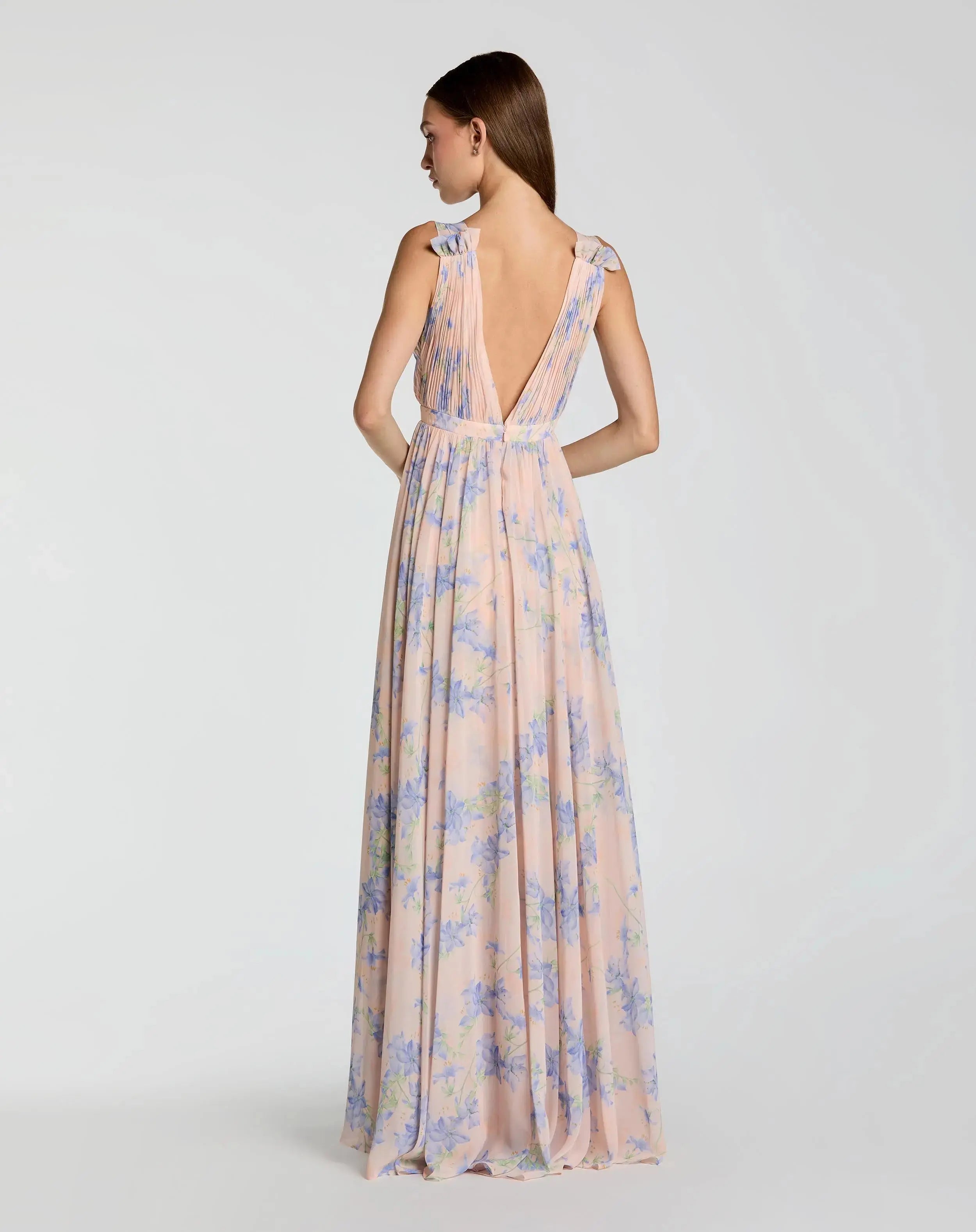 Pink Sleeveless Pleated Floral Print Chiffon V-Neck Gown-Myartka