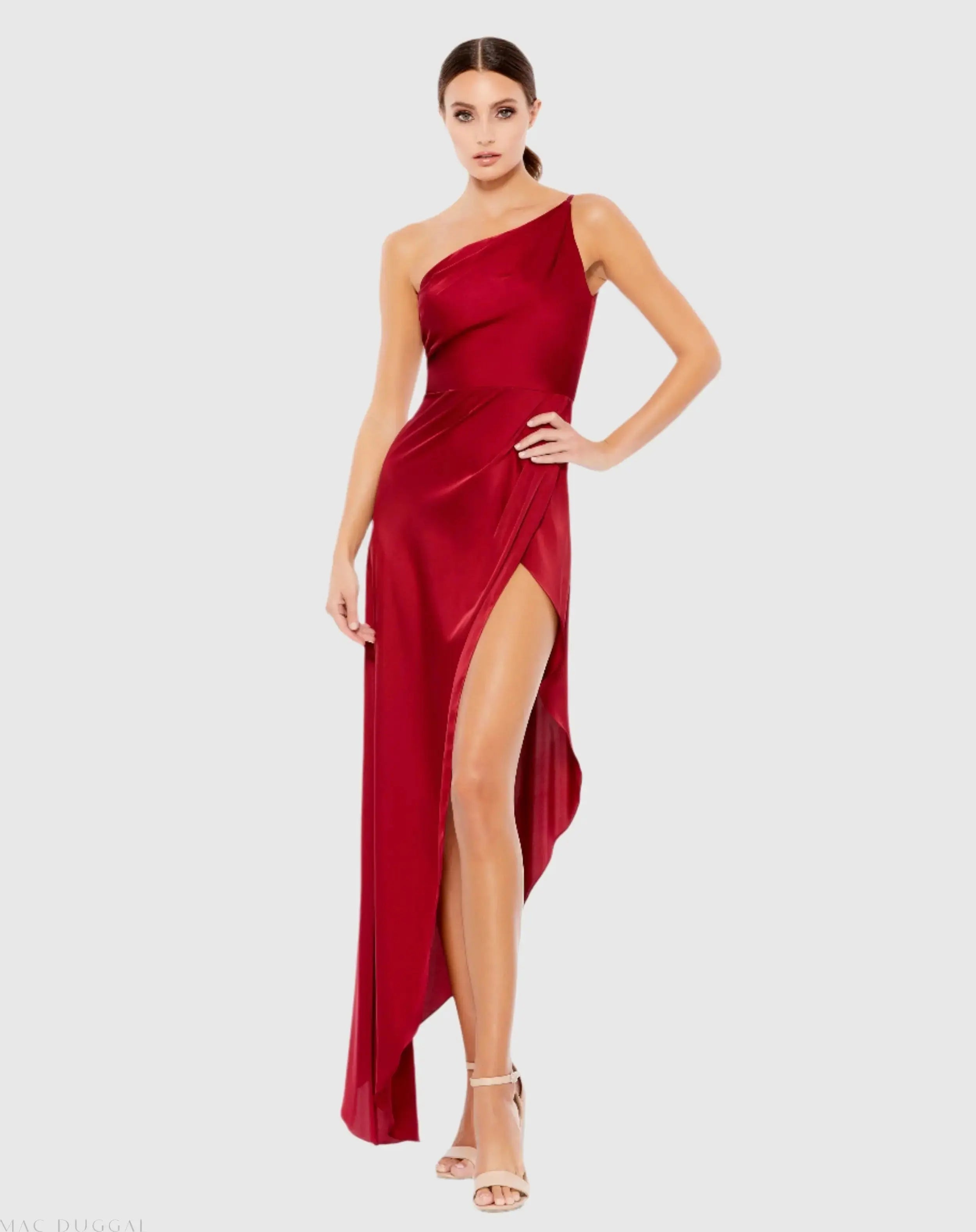 One Shoulder Hi-Low Draped Charmeuse Dress-Myartka