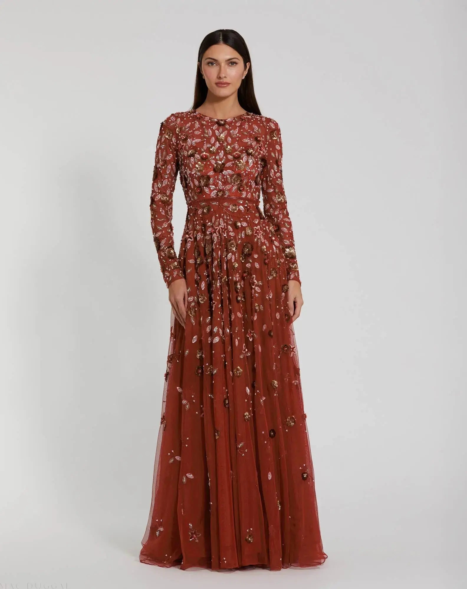 Red Embellished High Neck Long Sleeve A Line Gown-Myartka