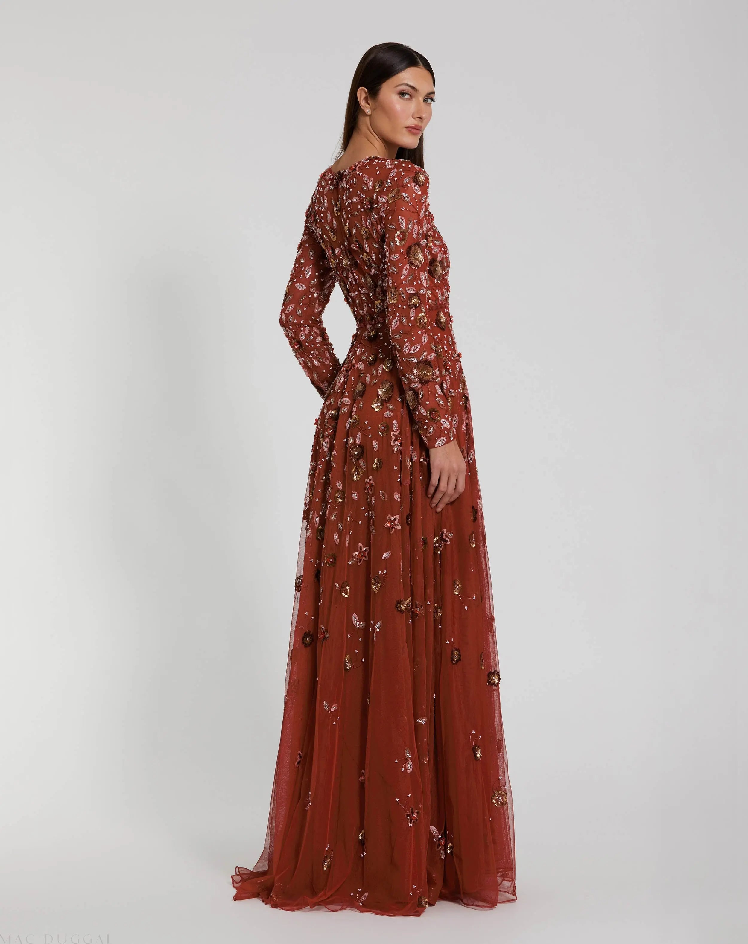 Red Embellished High Neck Long Sleeve A Line Gown-Myartka