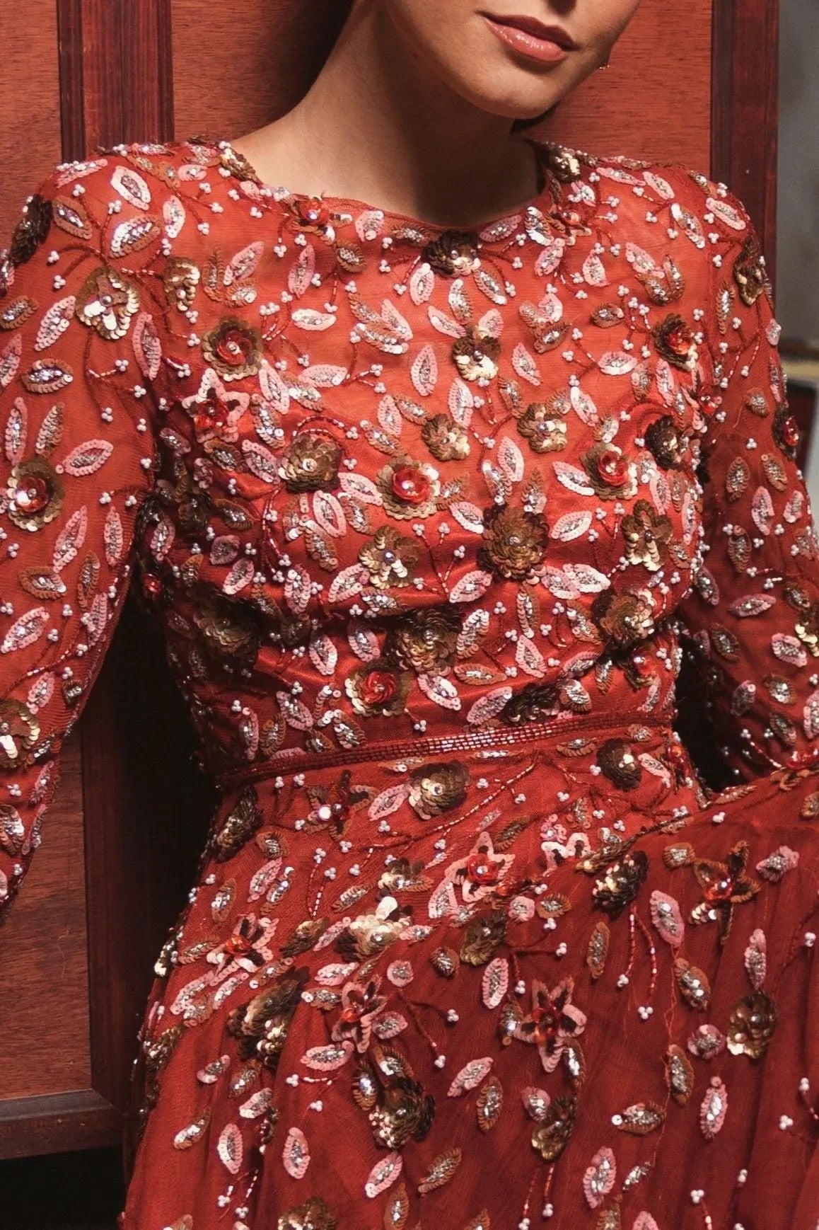 Red Embellished High Neck Long Sleeve A Line Gown-Myartka