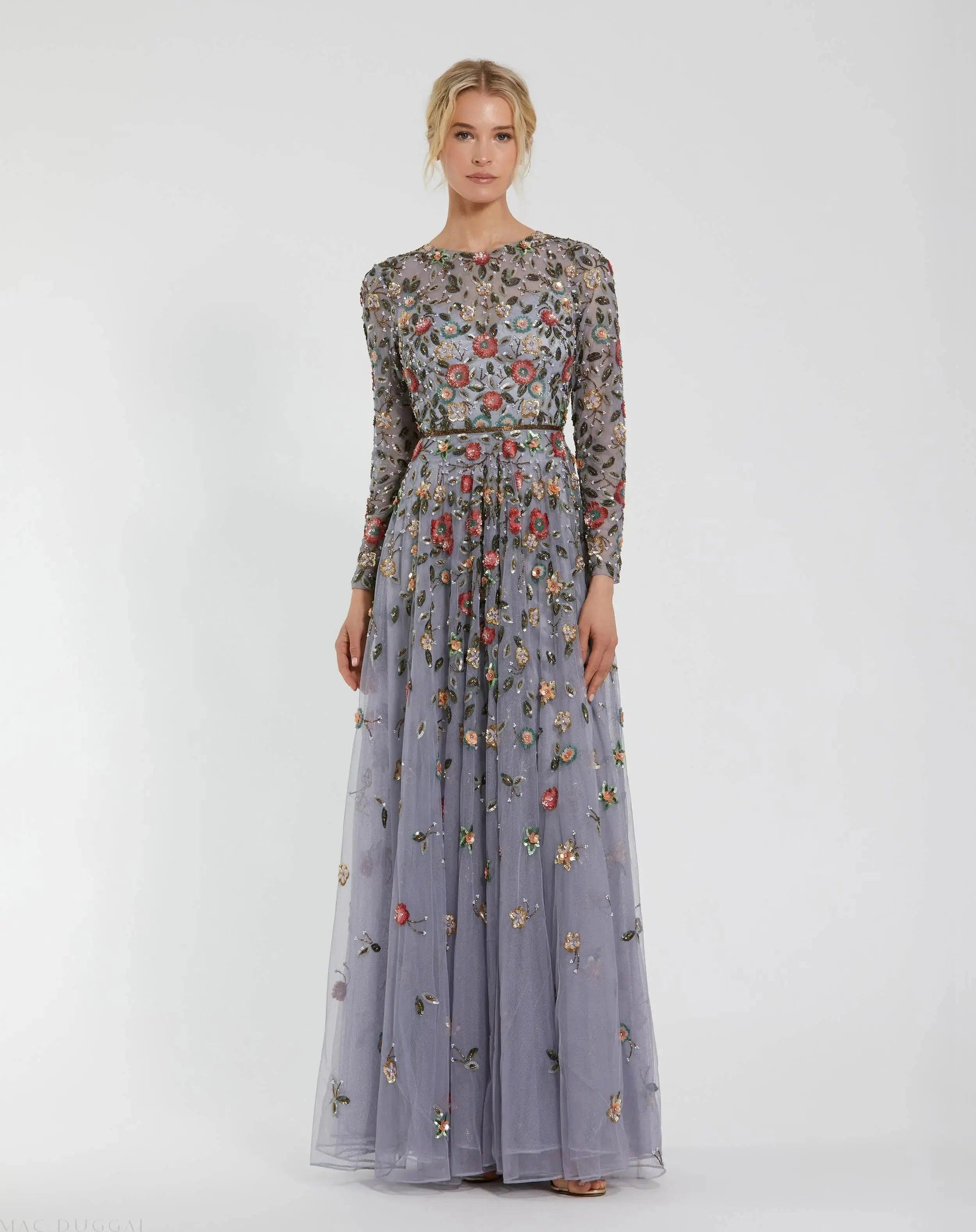 Gray Embellished High Neck Long Sleeve A Line Gown-Myartka