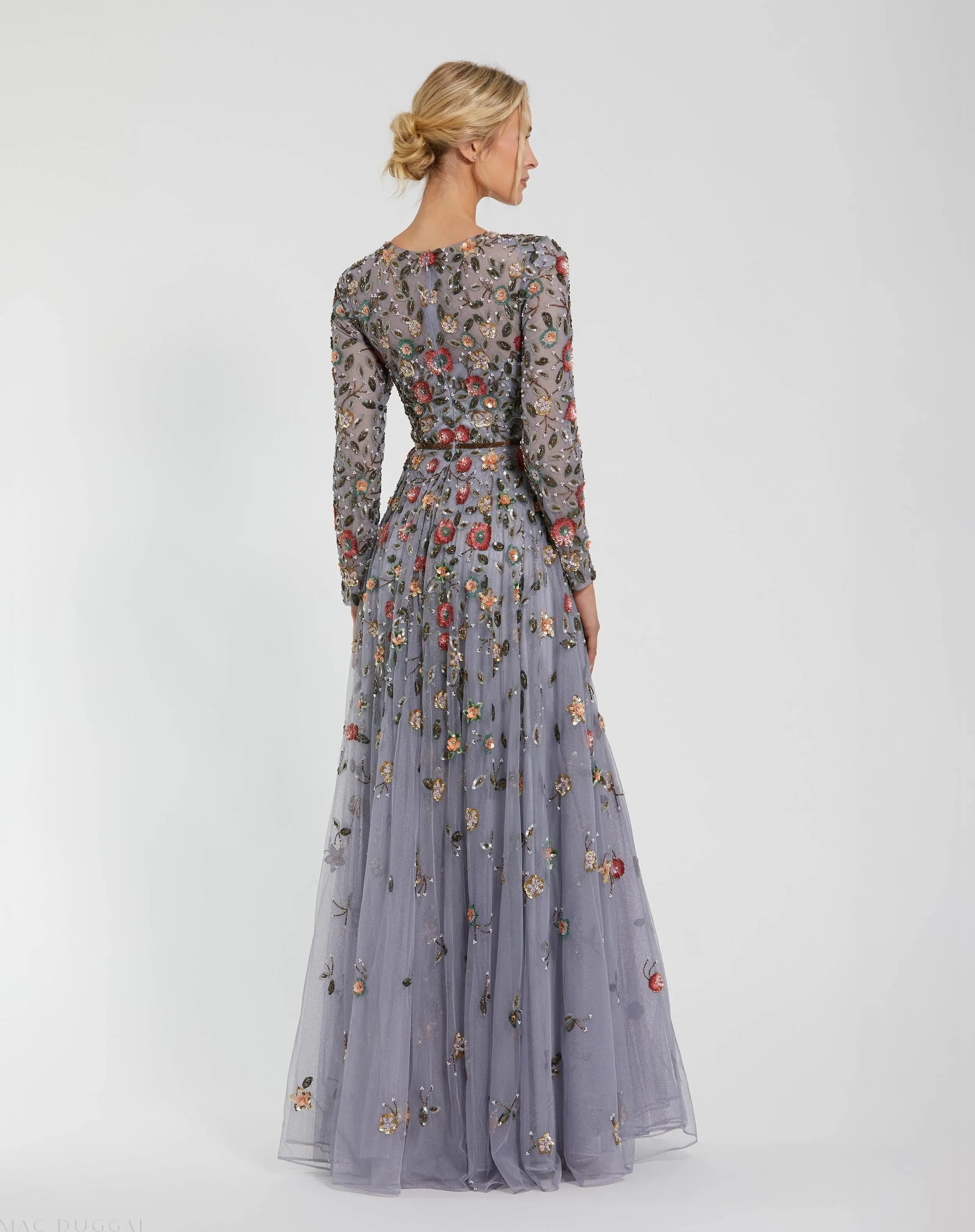 Gray Embellished High Neck Long Sleeve A Line Gown-Myartka