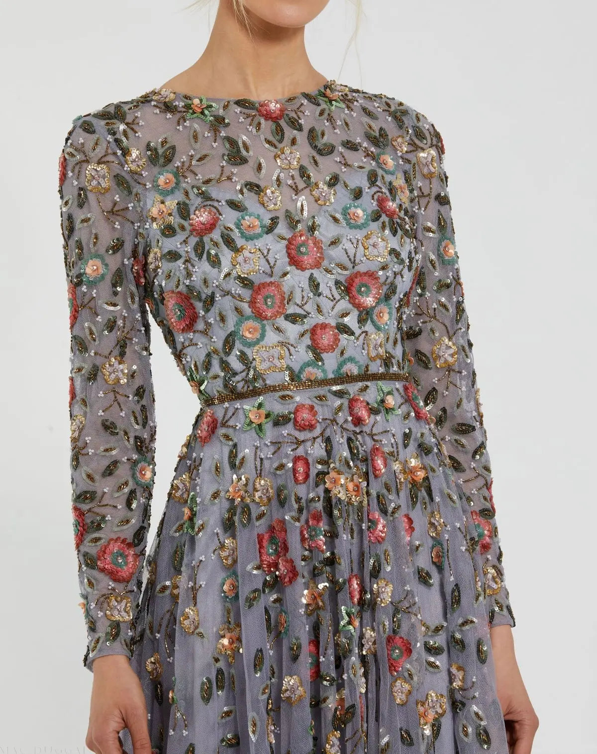 Gray Embellished High Neck Long Sleeve A Line Gown-Myartka