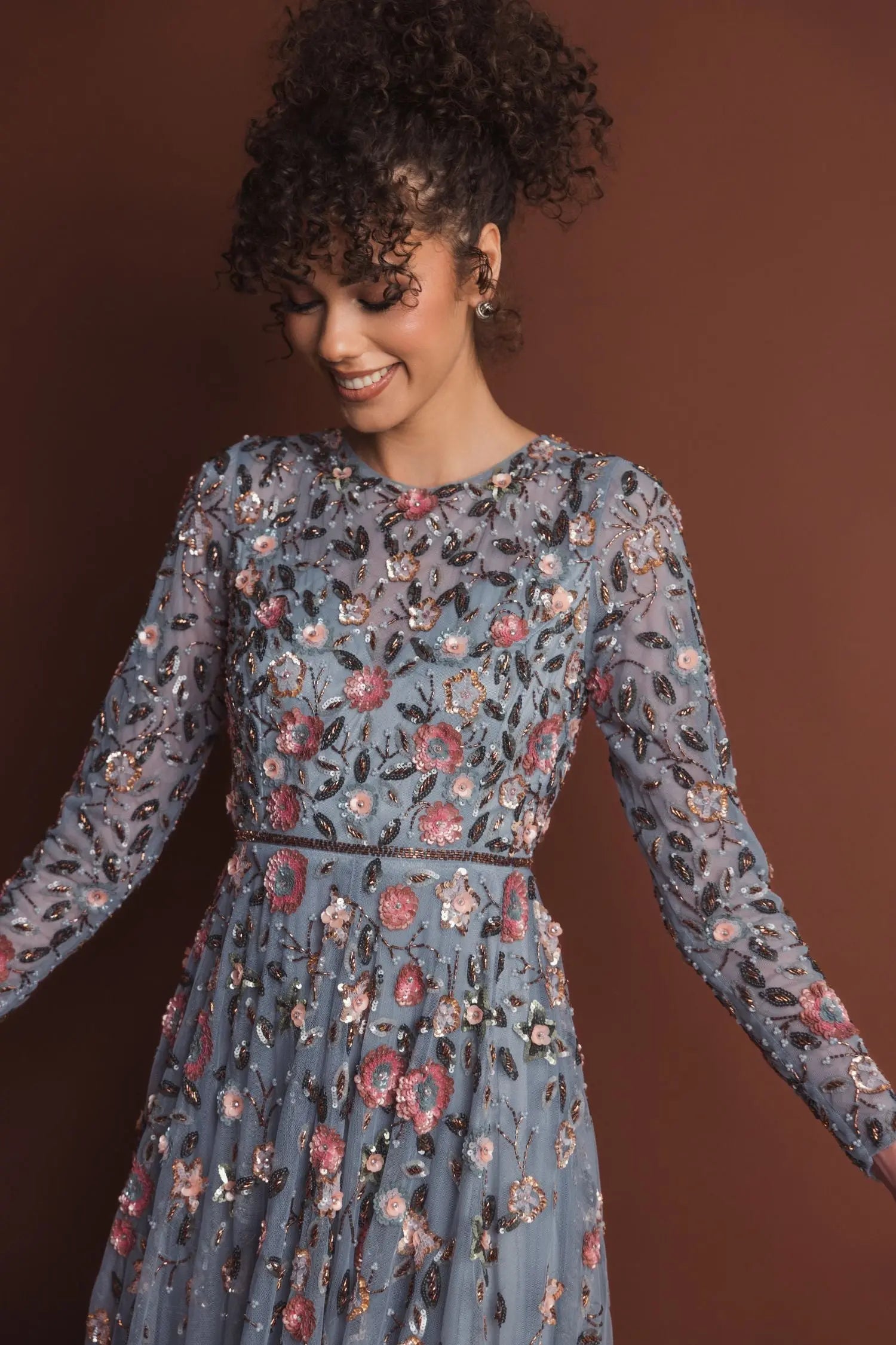 Gray Embellished High Neck Long Sleeve A Line Gown-Myartka