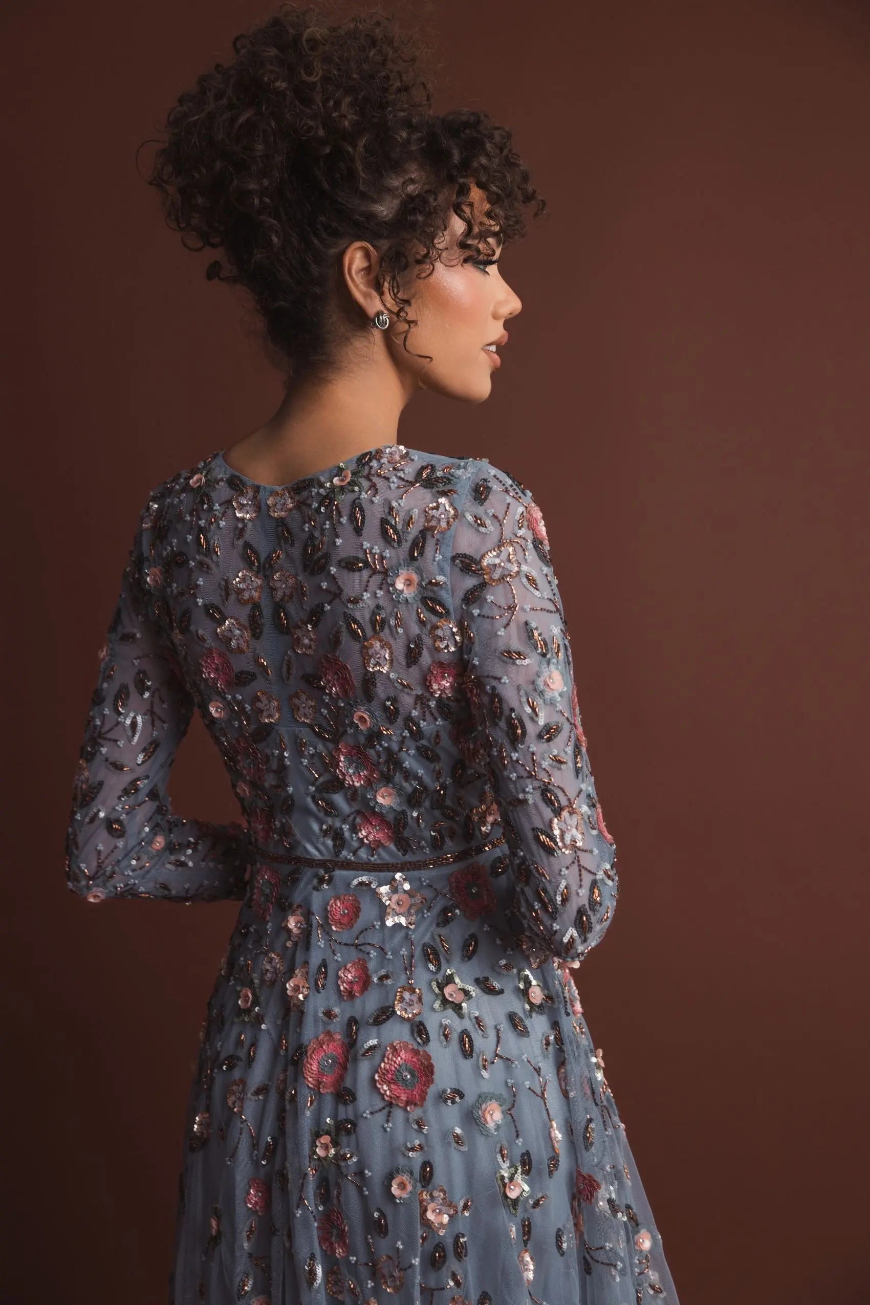 Gray Embellished High Neck Long Sleeve A Line Gown-Myartka