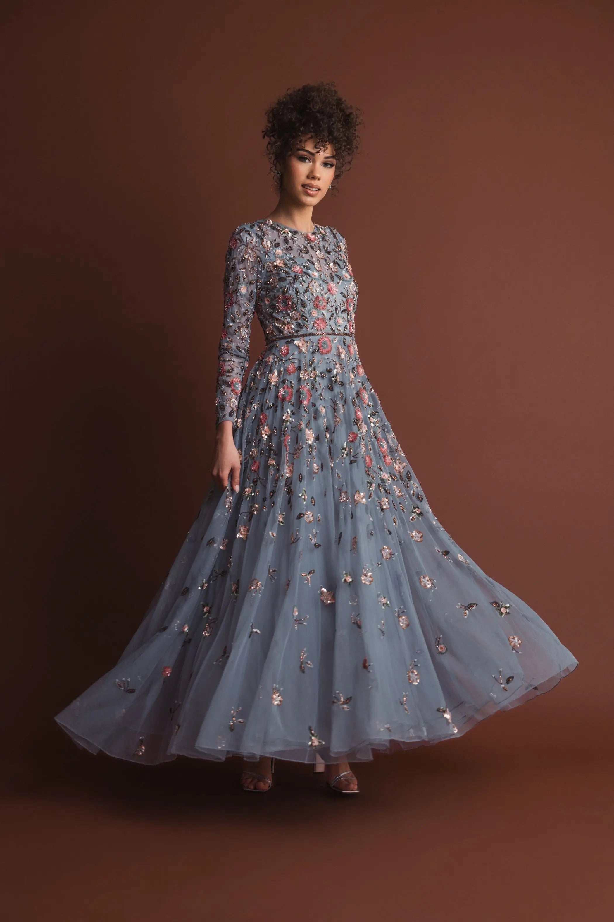 Gray Embellished High Neck Long Sleeve A Line Gown-Myartka