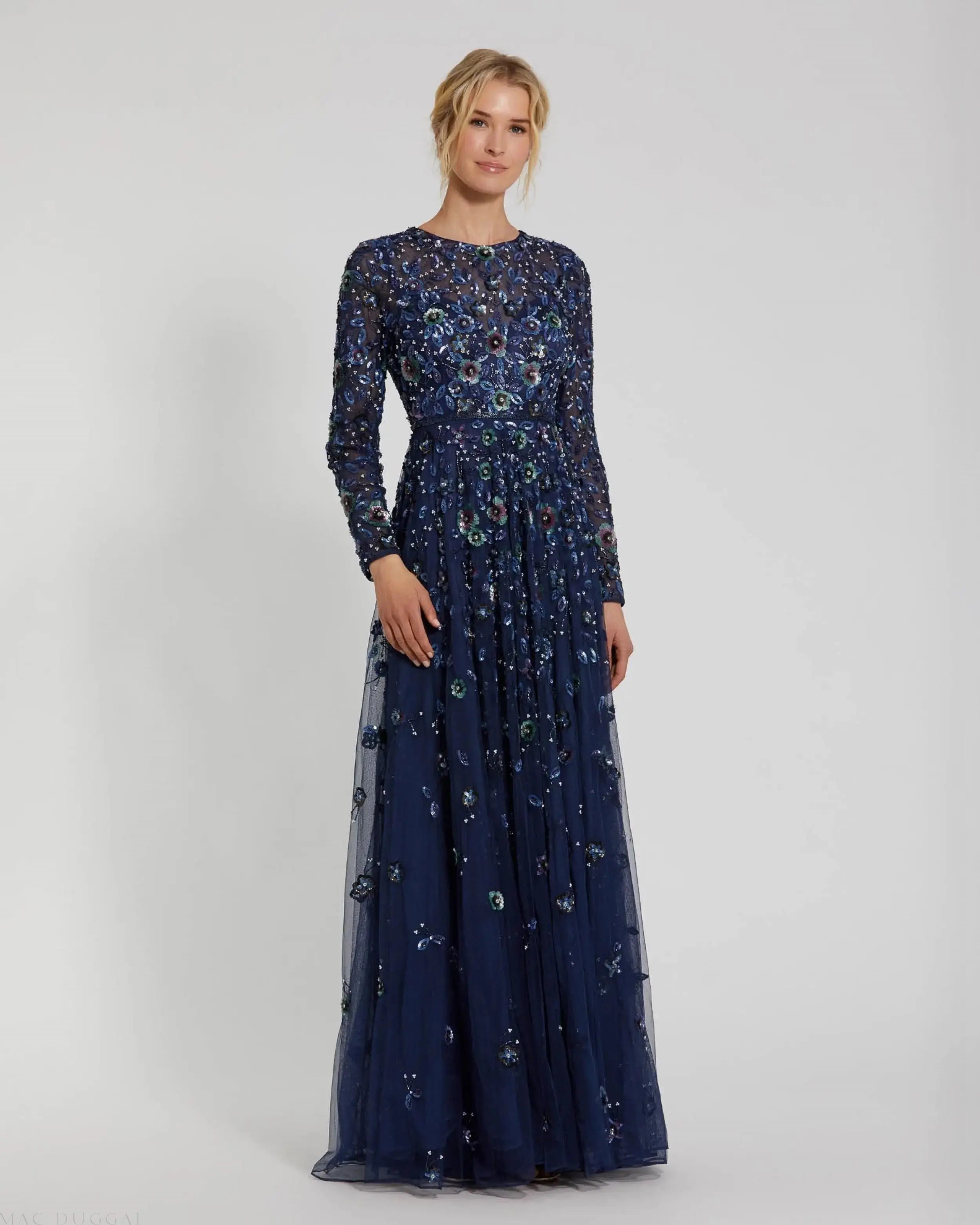 Navy Embellished High Neck Long Sleeve A Line Gown-Myartka
