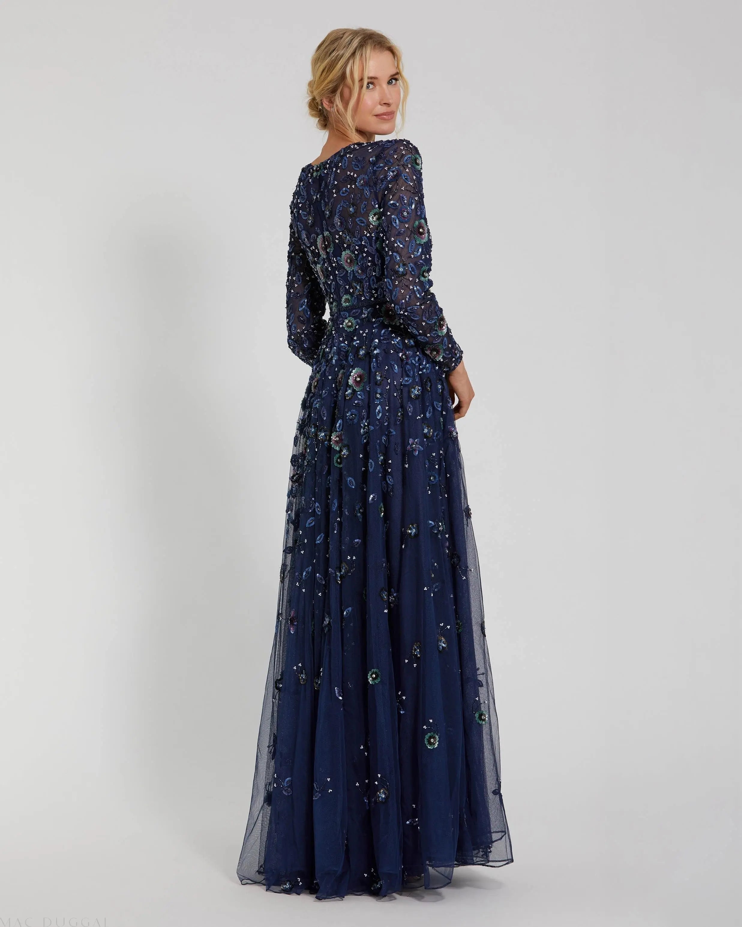 Navy Embellished High Neck Long Sleeve A Line Gown-Myartka