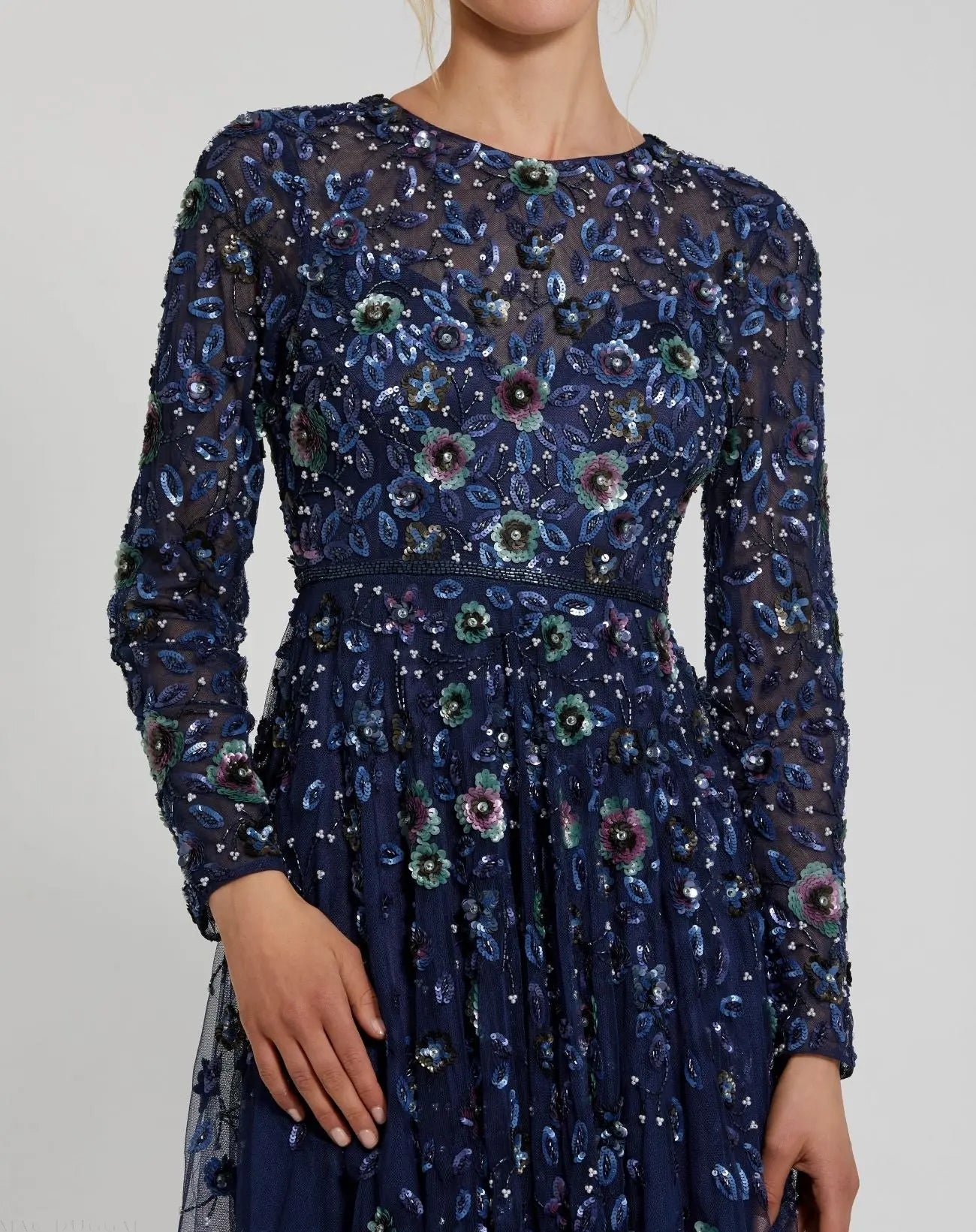 Navy Embellished High Neck Long Sleeve A Line Gown-Myartka