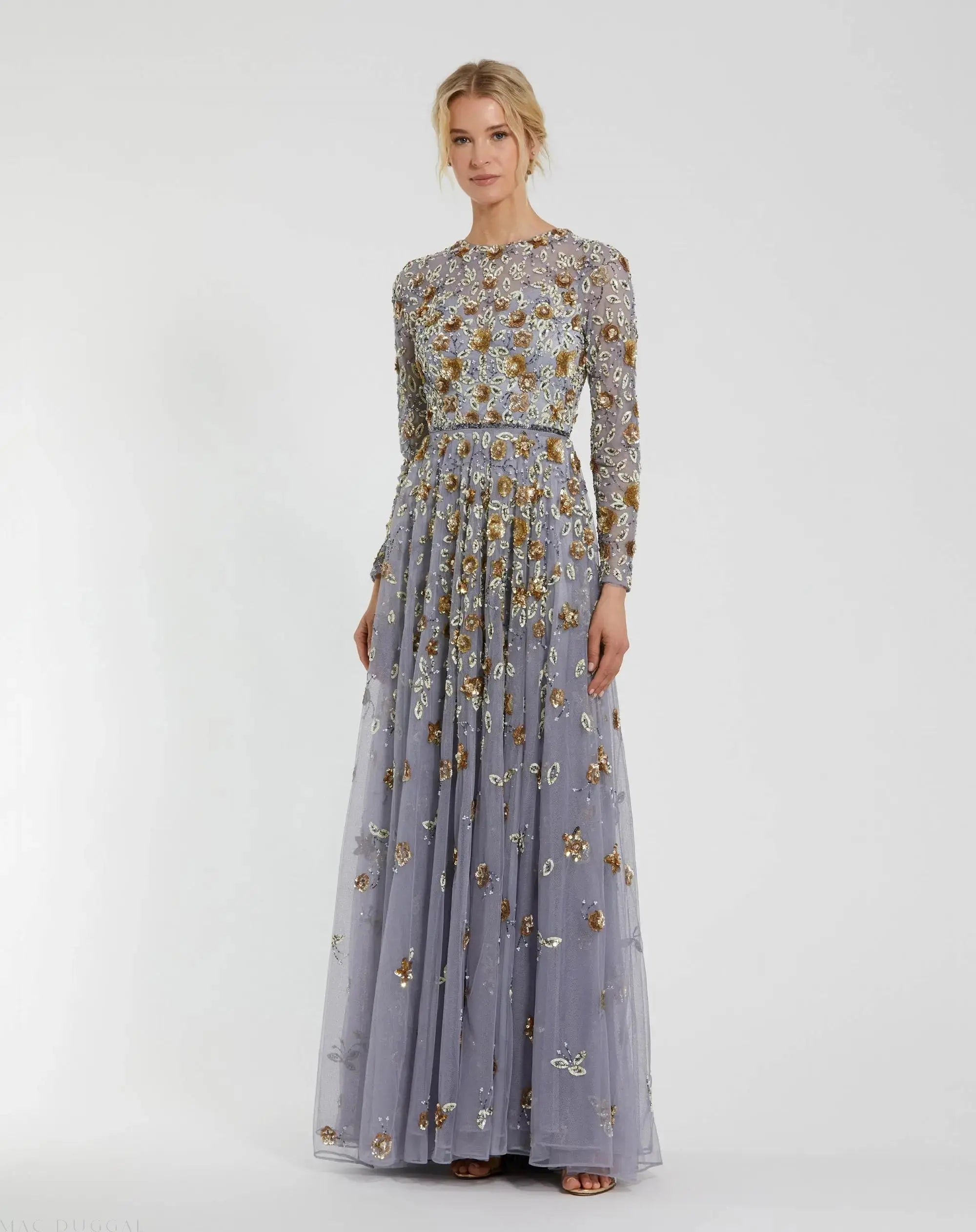 Platinum Embellished High Neck Long Sleeve A Line Gown-Myartka