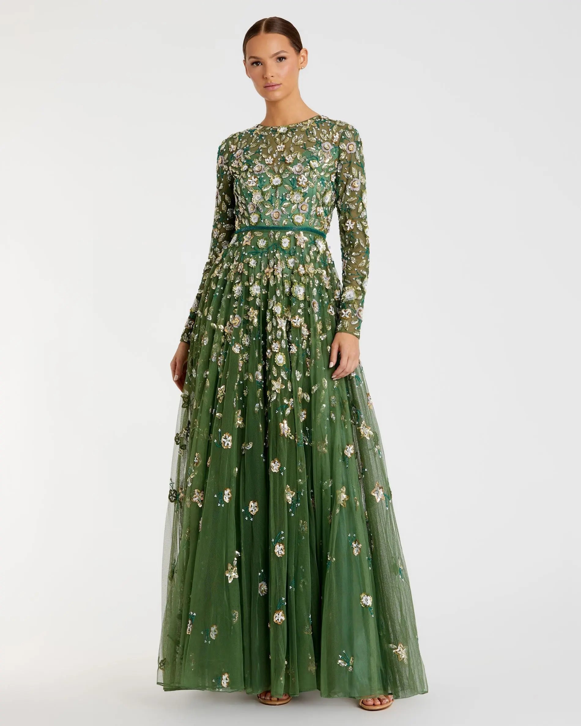 Green Embellished High Neck Long Sleeve A Line Gown-Myartka