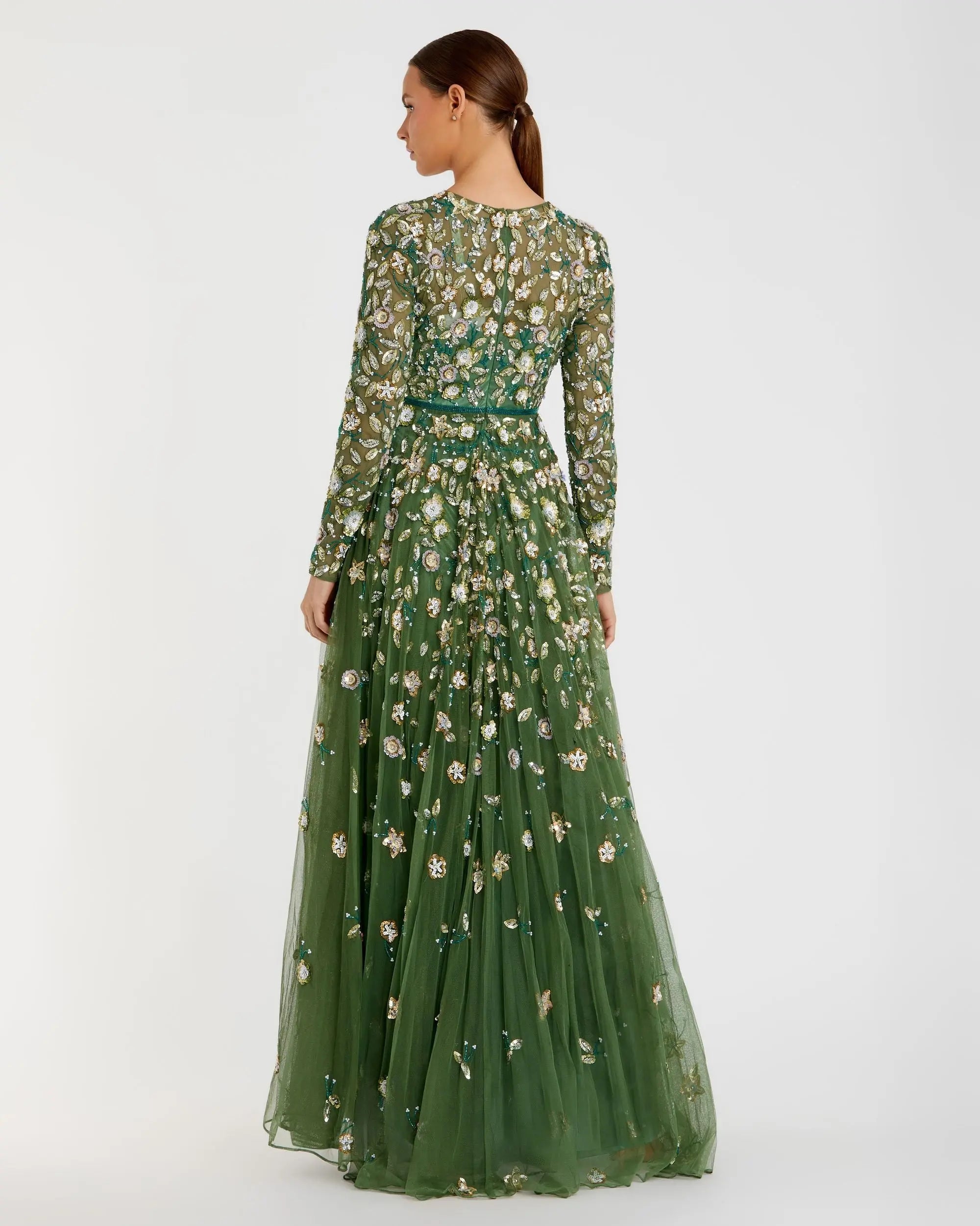 Green Embellished High Neck Long Sleeve A Line Gown-Myartka