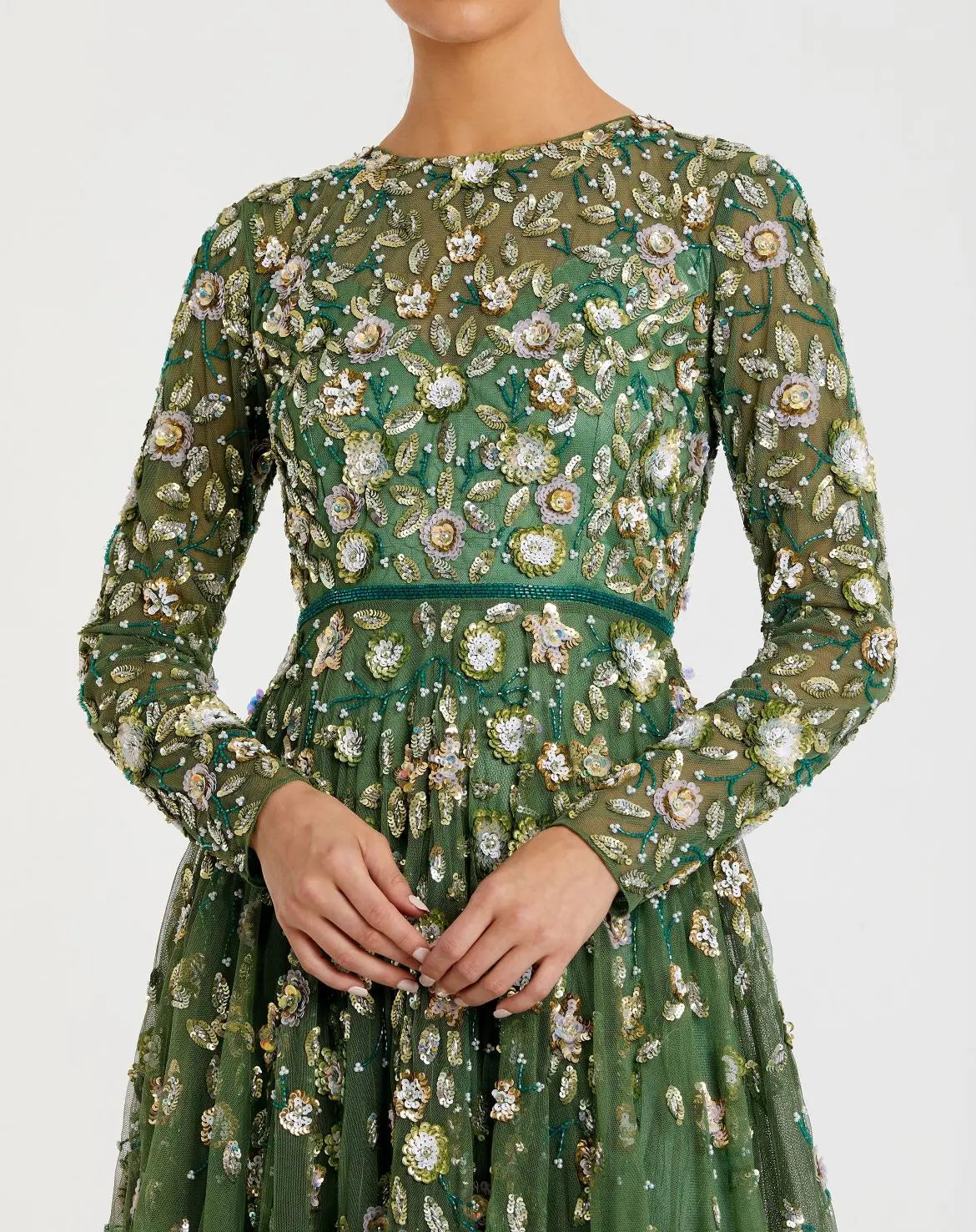 Green Embellished High Neck Long Sleeve A Line Gown-Myartka